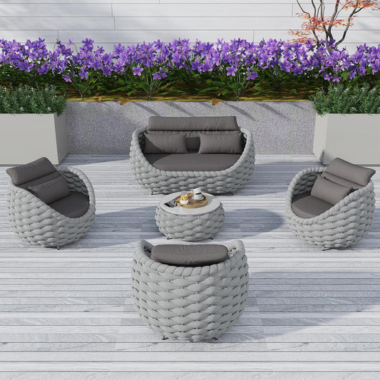 5 Pieces Patio Furniture Set Outdoor Rope Conversation Sectional Patio Sofa with 5 Seater for Backyard, Porch, Modern Armchairs with Thickness Cushions and Side Table