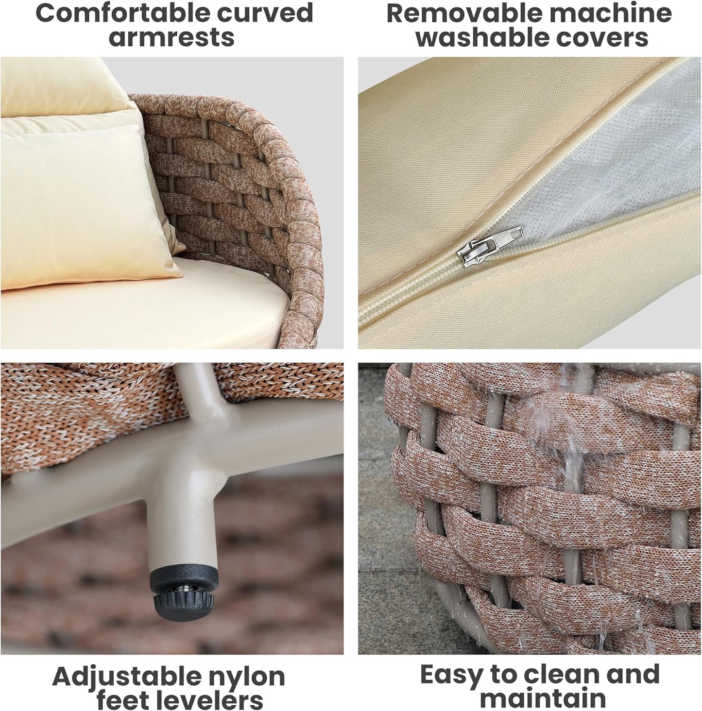 3 Pieces Porch Furniture Set: Aluminum Patio Conversation Sofa Set - Assembled Couch Armchair Table Set Cushioned - Hand Woven Rope Chair Set 400 LBS All Weather for Indoor Deck Balcony Hotel