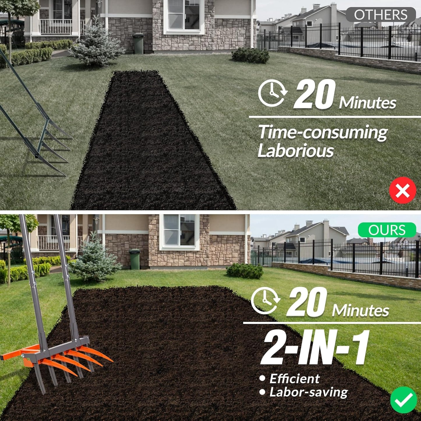 Walensee Broad Fork Garden Tool, 9 Tines Heavy Duty Broadfork Hand Tiller, 2-in-1 Garden Pitchfork with Ergonomic U-Shaped Handle, Spading Digging Fork for Gardening, Cultivating