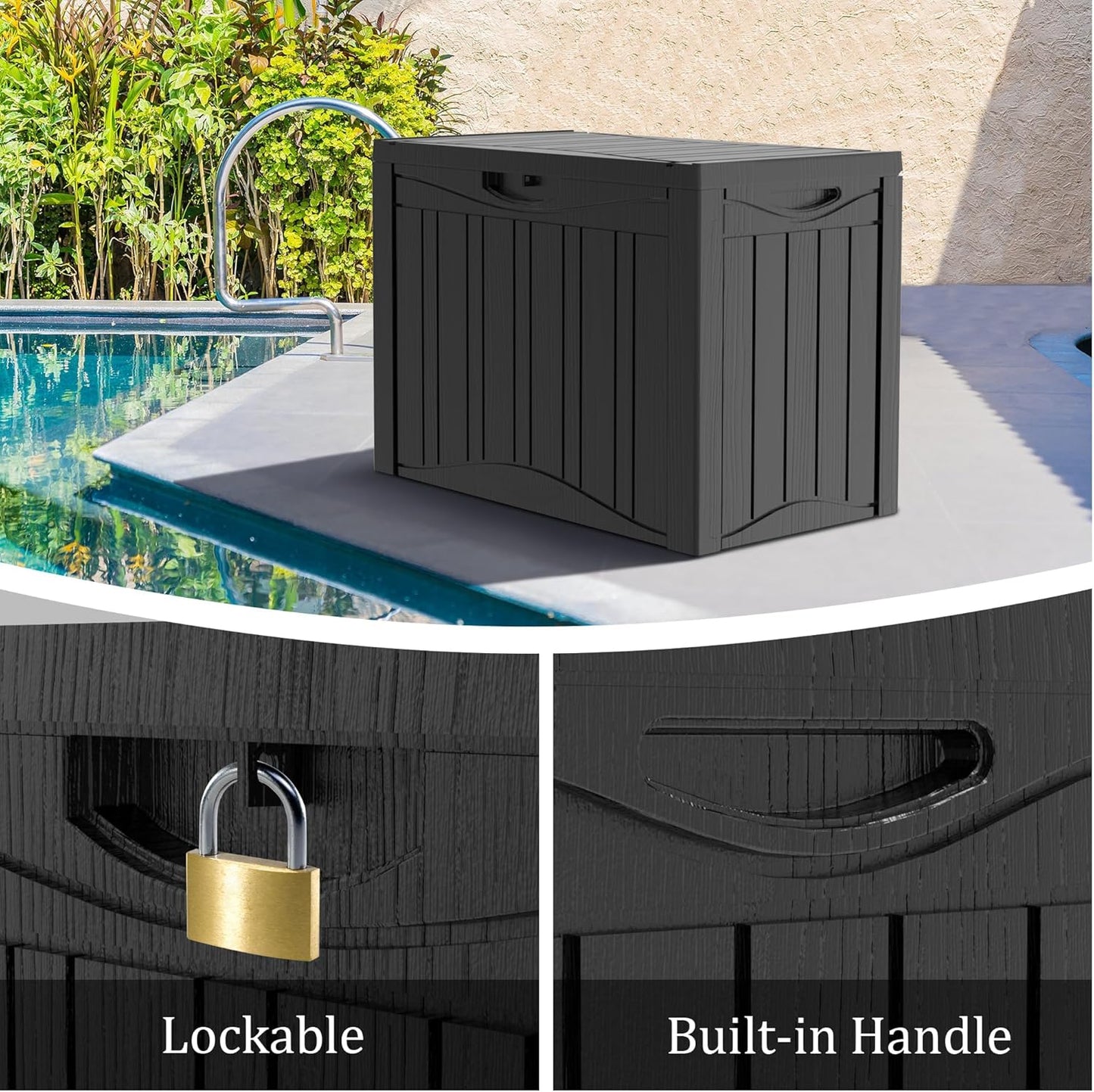 45 Gallon Waterproof Deck Storage Box - All-Weather Outside Storage Box with Lock, Outdoor Box Storage for Patio/Pool Accessories, UV-Resistant Resin, Matte Black