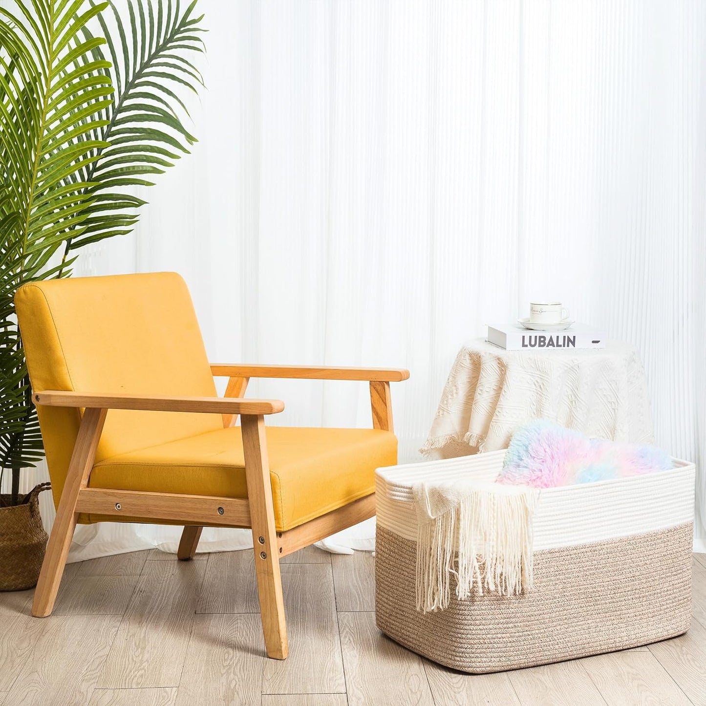 MINTWOOD Design 22in Extra Large Blanket Basket Holder Living Room, Rectangle Rope Woven Storage Basket with Handles for Laundry, Pool Towels, and Shoes, Dog Toy Organizer Bin Box, Light Brown