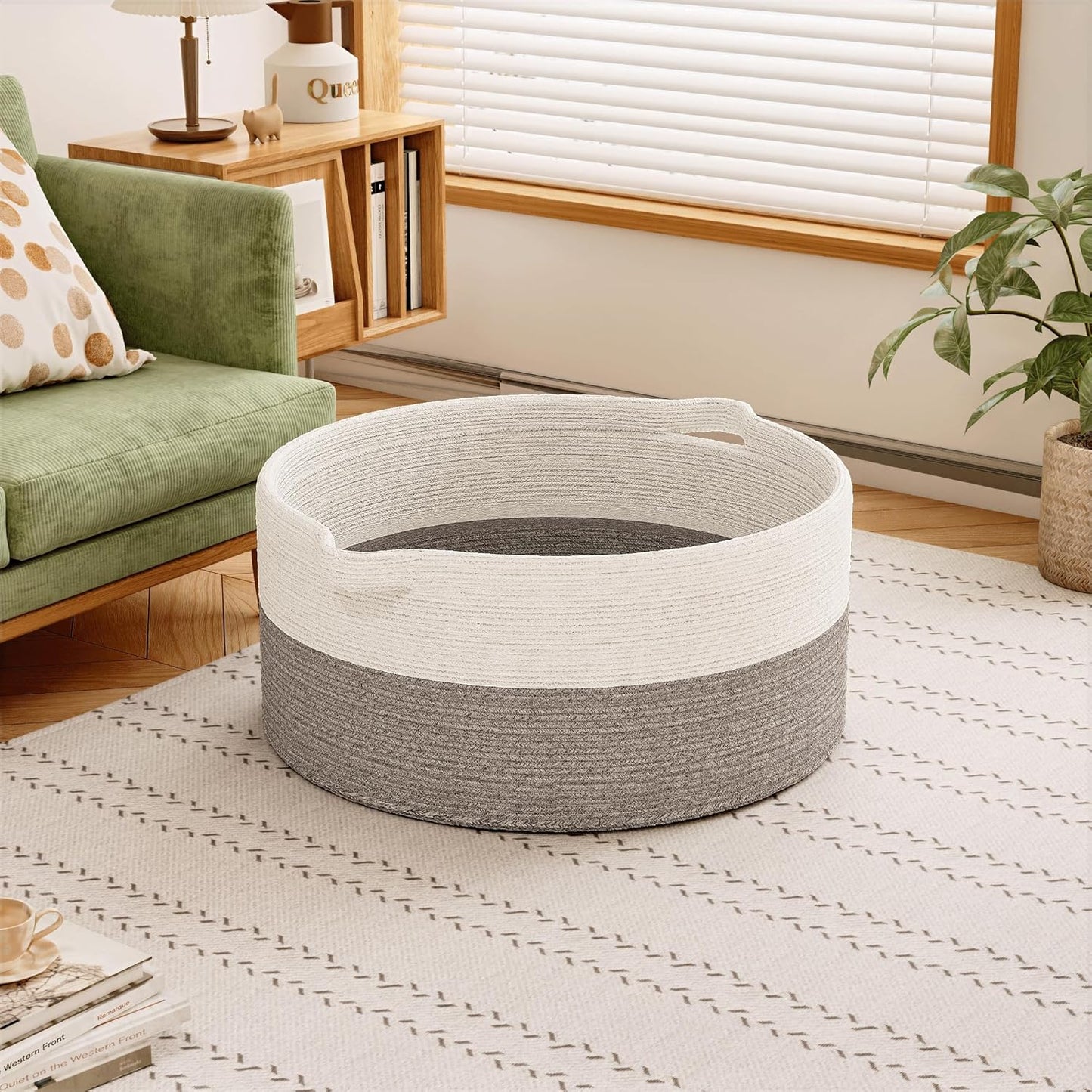 125L Extra Large Blanket Basket, 25" x 16", Jumbo Laundry Woven Baskets Decorative Home, Cotton Rope Basket with Handles, Baby Toy Baskets for Storage, White & Gray