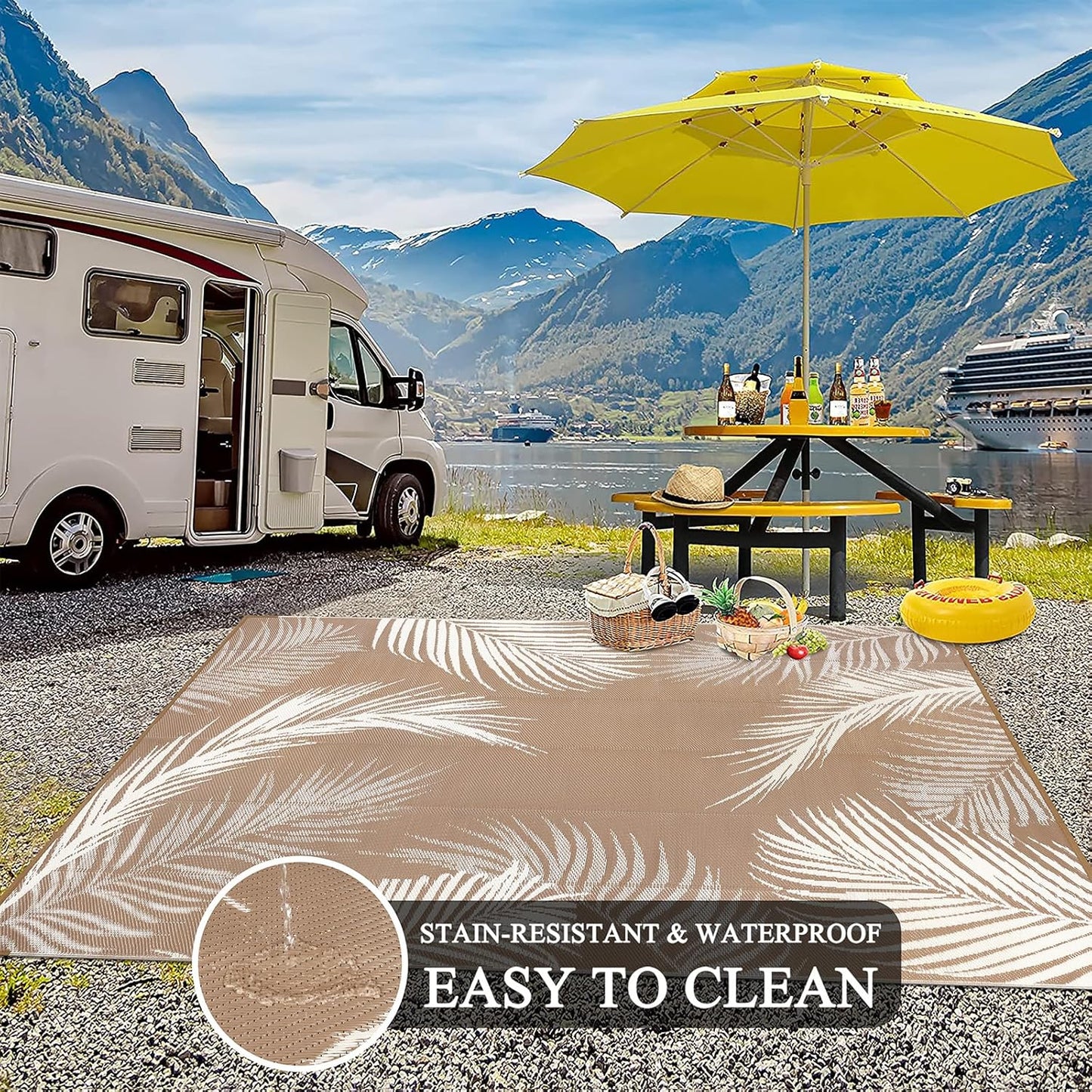 Pauwer Waterproof Outdoor Rug 9x12, Reversible Plastic Straw Patio Camping Rug, Indoor Outdoor RV Mat Carpet for Deck, Camper, Porch, Balcony, Backyard, Picnic, Leaf Brown