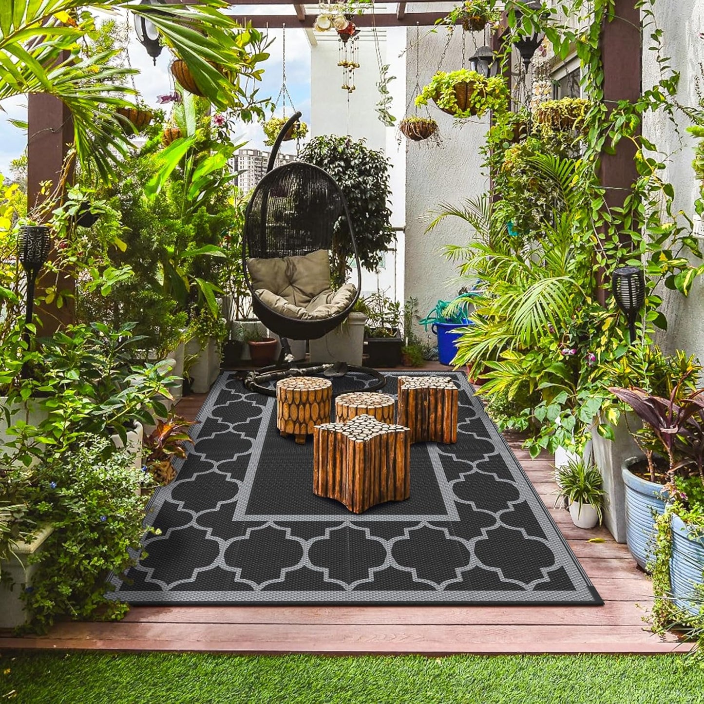 GENIMO 6' x 9' Outdoor Rug Waterproof for Patio Decor, Foldable Reversible Plastic Straw Area Rugs Mat for Camper, Outside Carpet for Rv, Deck, Porch, Picnic, Beach, Balcony, Black & Grey