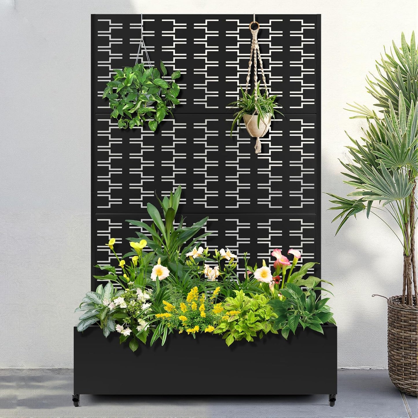 FENCY Metal Raised Garden Bed with Wheels and Trellis,73"x47"x16" Planter Box for Climbing Plants, Vegetables & Vines, Features Privacy Screen and Drainage Holes (Black-Brick)