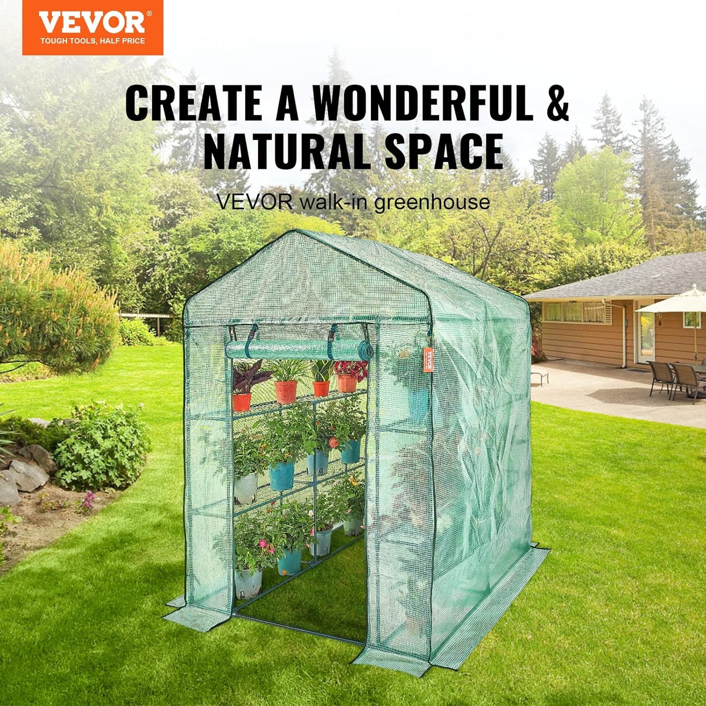 VEVOR Walk-in Green House, 55.5 x 55.5 x 78.7 inch, Portable Greenhouse with Shelves, High Strength PE Cover with Roll-up Zipper Door and Steel Frame, Set Up in Minutes, for Planting and Storage