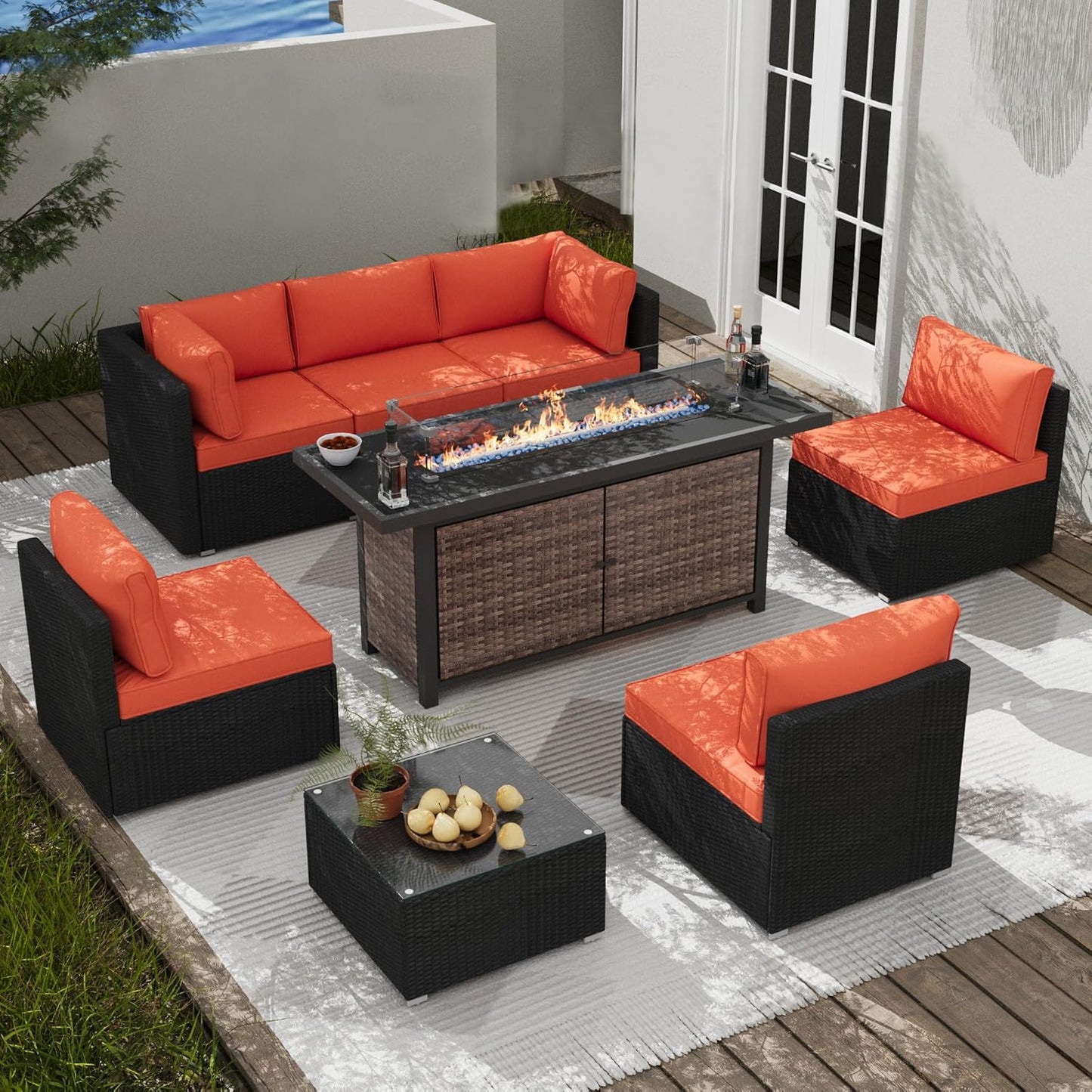 25-Pc Patio Furniture Set - 7 Piece Outdoor Rattan Sofa Set with 57" Fire Table and 17 Accessories, Modular Sofa Set for Garden/Poolside, Orange/Black