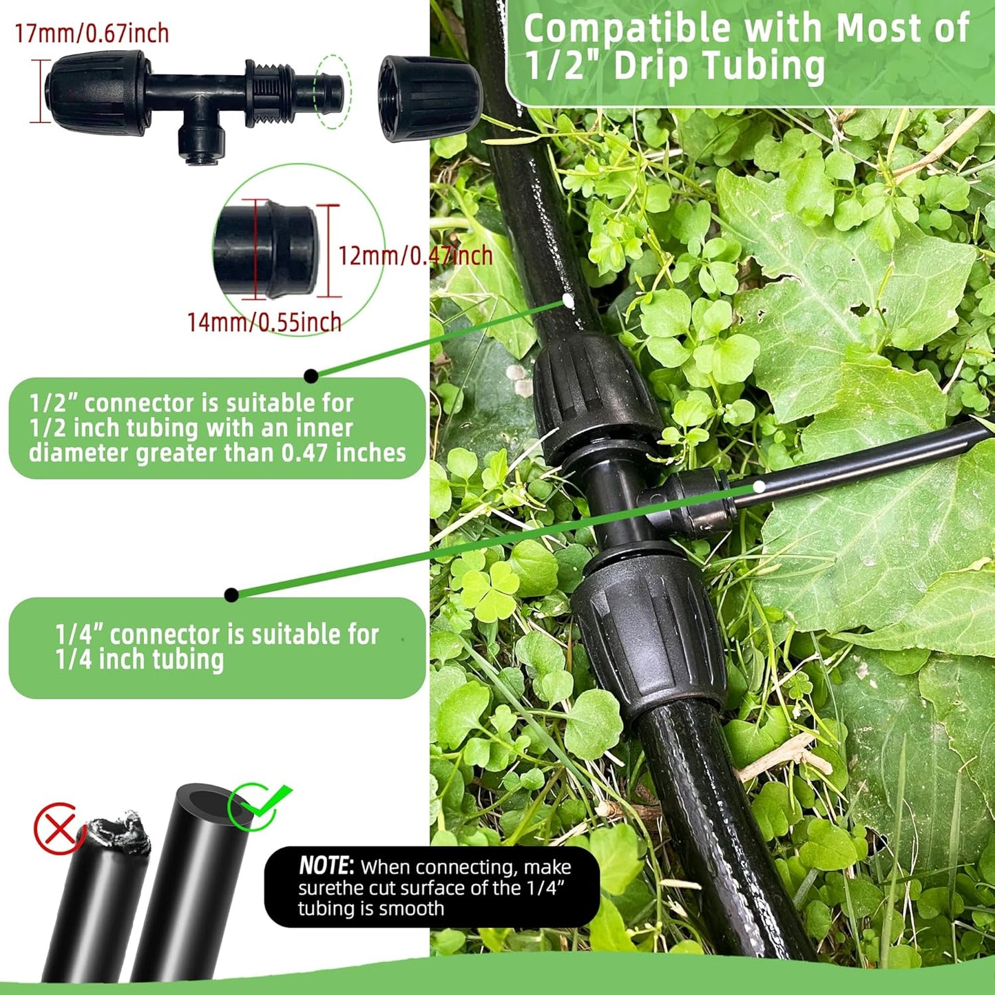 4 Pack 1/2'' to 1/4'' Drip Irrigation Fittings, Push-to-Connect 3 Way Drip Irrigation Part Barbed Tee Connectors, Anti-Leak Locked Splitter Fitting for 1/2" Irrigation Tubing (0.6''-0.67''OD)