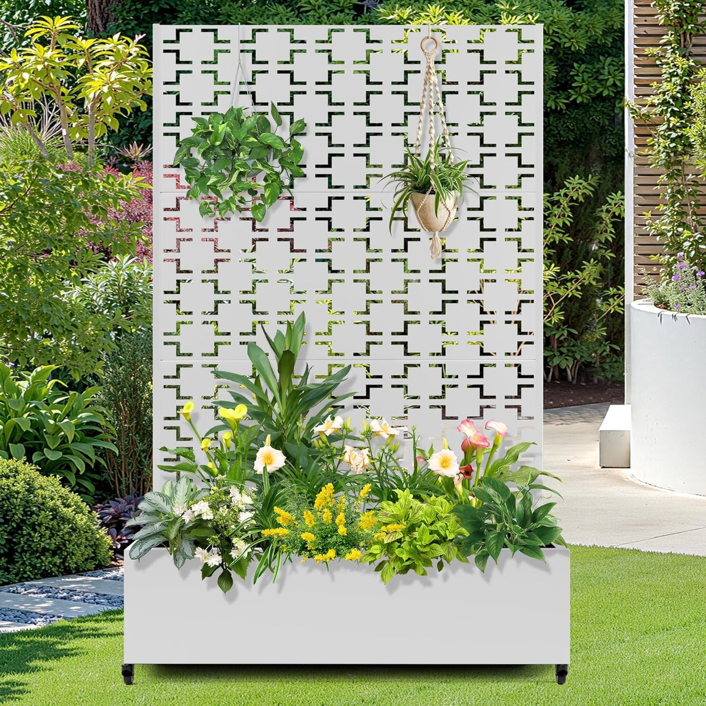 FENCY Metal Raised Garden Bed with Wheels and Trellis,73"x47"x16" Planter Box for Climbing Plants, Vegetables & Vines, Features Privacy Screen and Drainage Holes (White-Square)