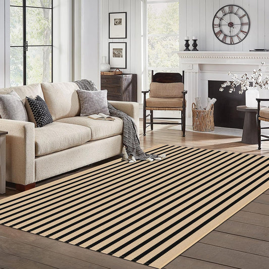 IOHOUZE Striped Area Rug 5'x7' Indoor Outdoor Rug, Washable Area Rug for Living Room, Large Patio Rug, Cotton Striped Rugs for Patio Living Room Bedroom,Tan/Black