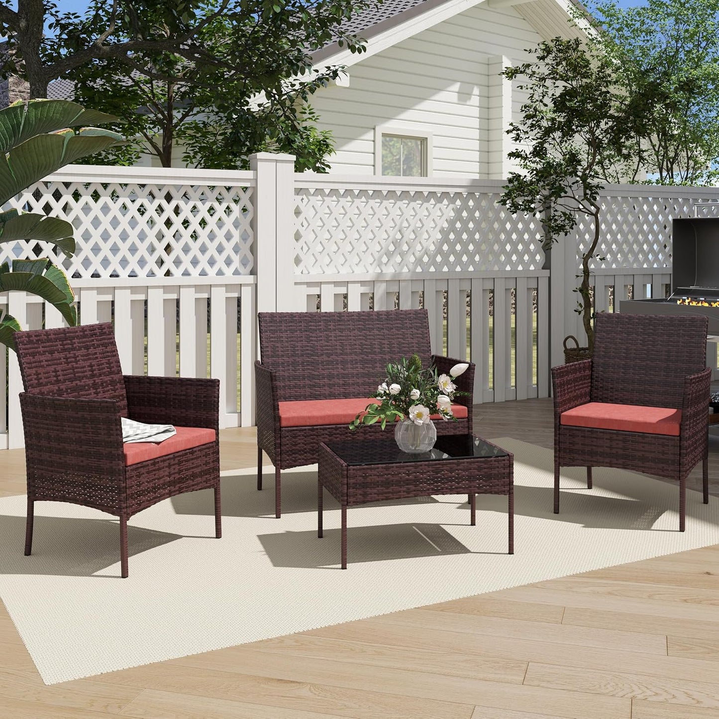 4 Piece Patio Furniture Set - Outdoor Conversation Sets with Coffee Table, Rattan Chair Set for Garden/Poolside, Brown/Red