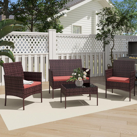 4 Piece Patio Furniture Set - Outdoor Conversation Sets with Coffee Table, Rattan Chair Set for Garden/Poolside, Brown/Red