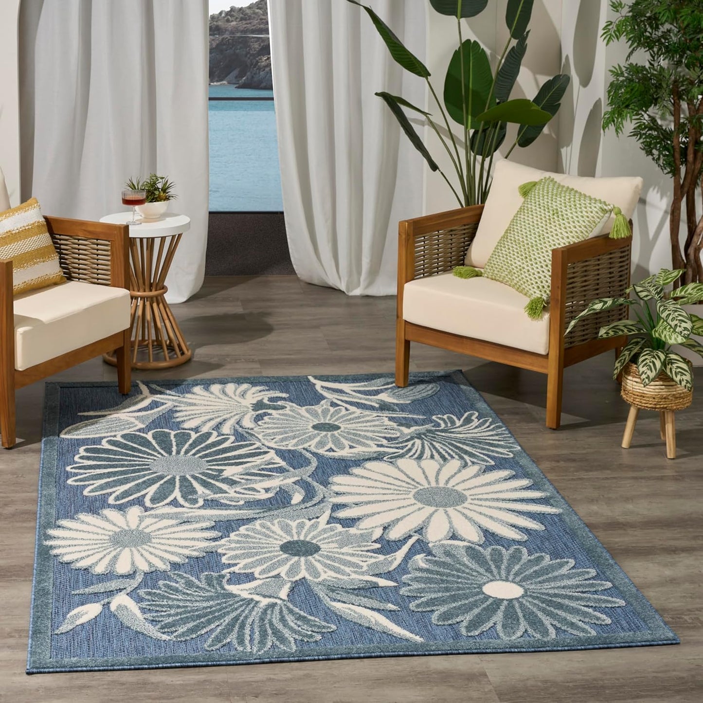 Nourison Aloha Blue 5'3" x 7'5" Area Rug - Easy Clean, Non Shedding, Bed Room, Living Room, Dining Room, Kitchen (5' x 8')