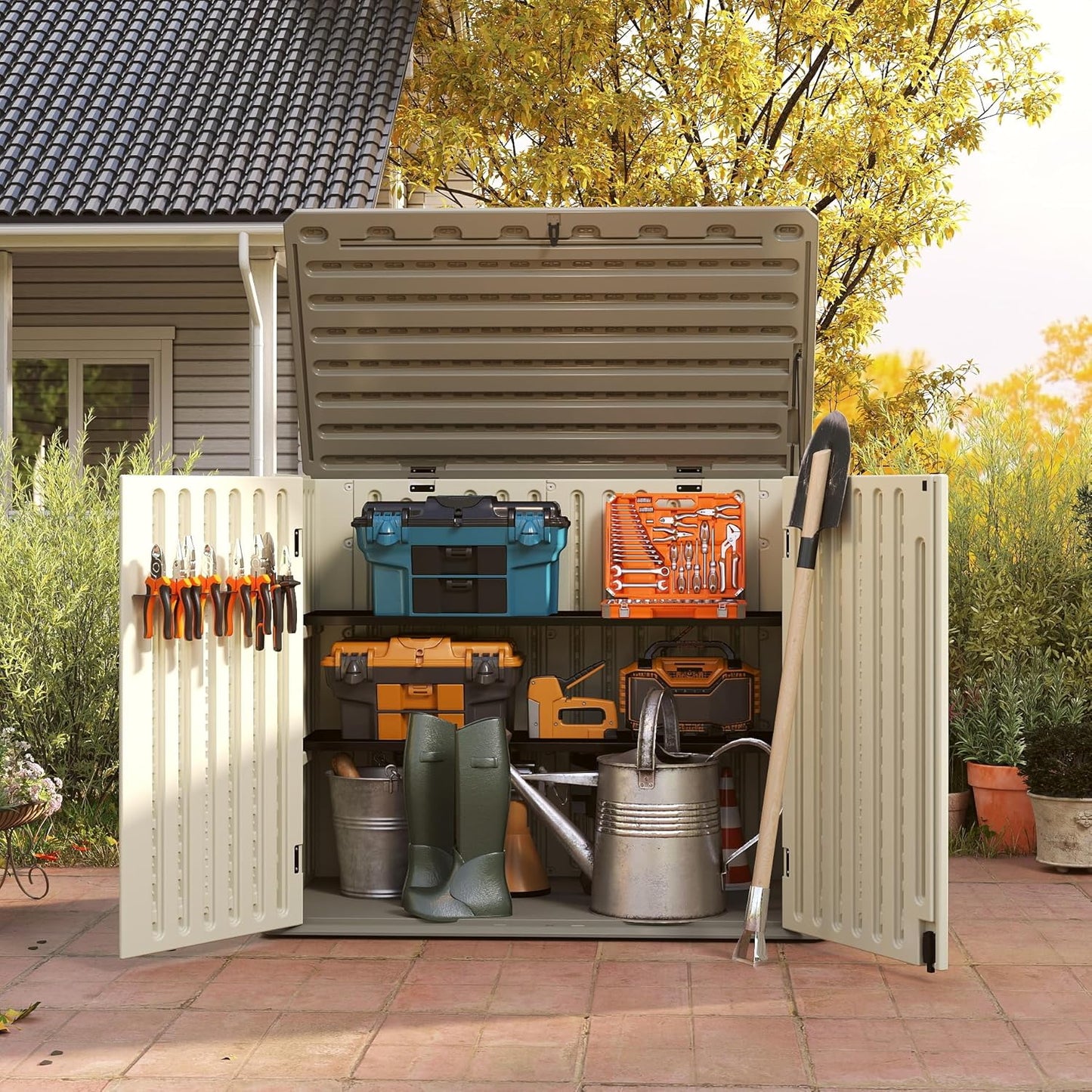 Vertical Resin Storage Shed with 2 Shelves, 47 Cuft Garden Tool Sheds & Outdoor Storage, Plastic Outdoor Storage Cabinet Waterproof, 4.5x2.8 ft Backyard Outside Lawn Mower Storage Shed, Vanilla