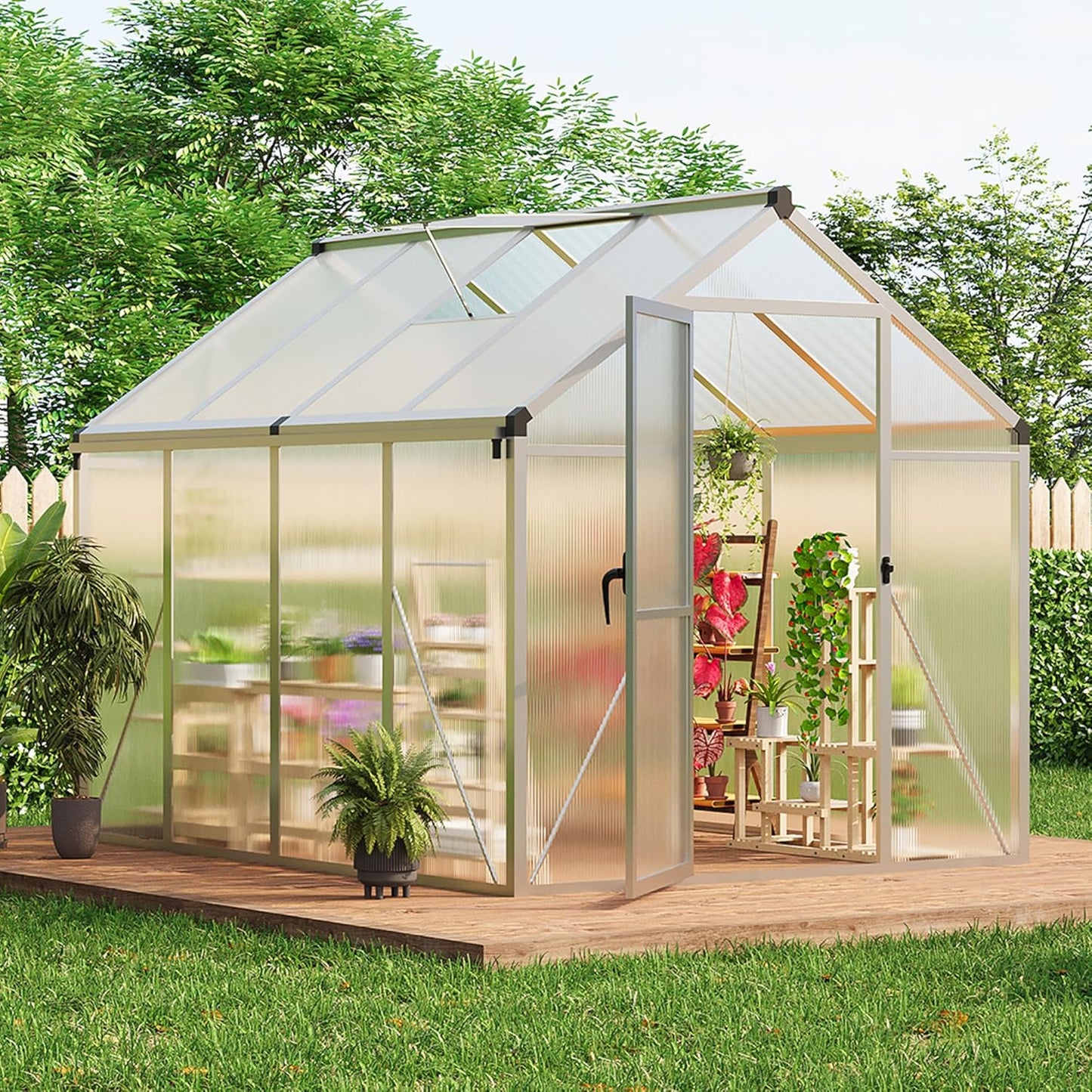 6x8 FT Greenhouse, Easy Assembly Aluminum Polycarbonate Greenhouses for Outdoors with Roof Vent and Ground Nails, Heavy Duty Aluminum Walk-in Greenhouse for Backyard, Sliding Lockable Door, Silver