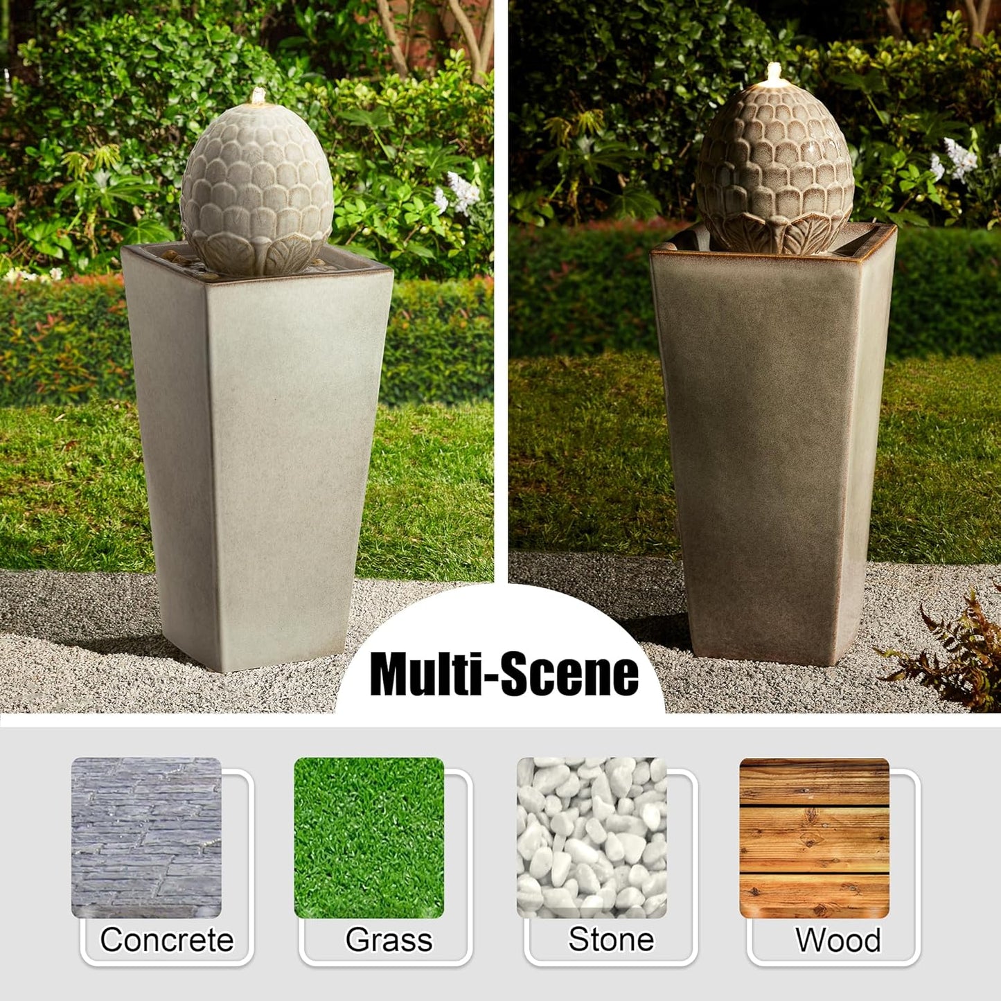 Glitzhome Ceramic Outdoor Water Fountain with LED Light, Oversized Artichoke Pedestal Water Fountains with Submersible Pump, Patio Fountain Waterfall for Garden Patio Deck Porch, Sand Beige, 35.75" H