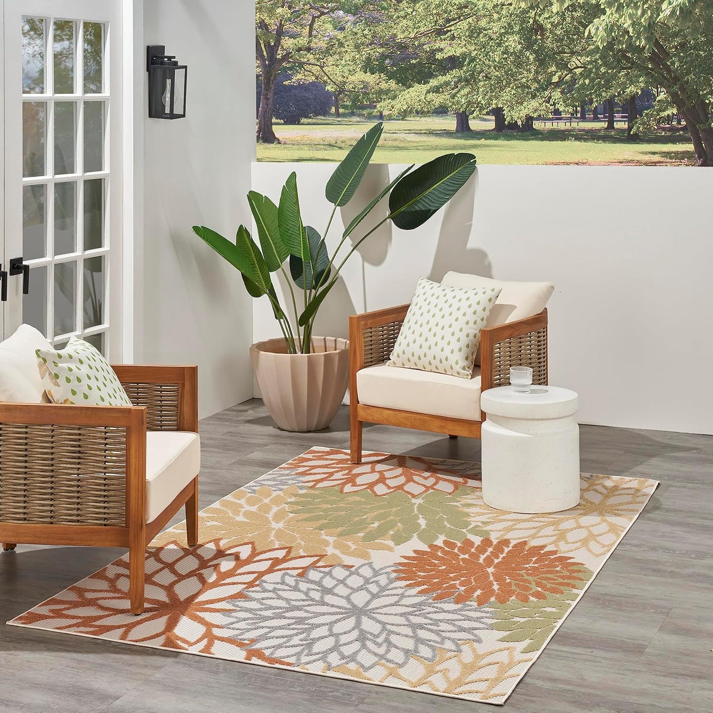 Nourison Home Aloha Indoor-Outdoor Ivory Multicolor 3'6" x 5'6" Area Rug, Easy Cleaning, Non Shedding, Bed Room, Living Room, Dining Room, Backyard, Deck, Patio (4x6)