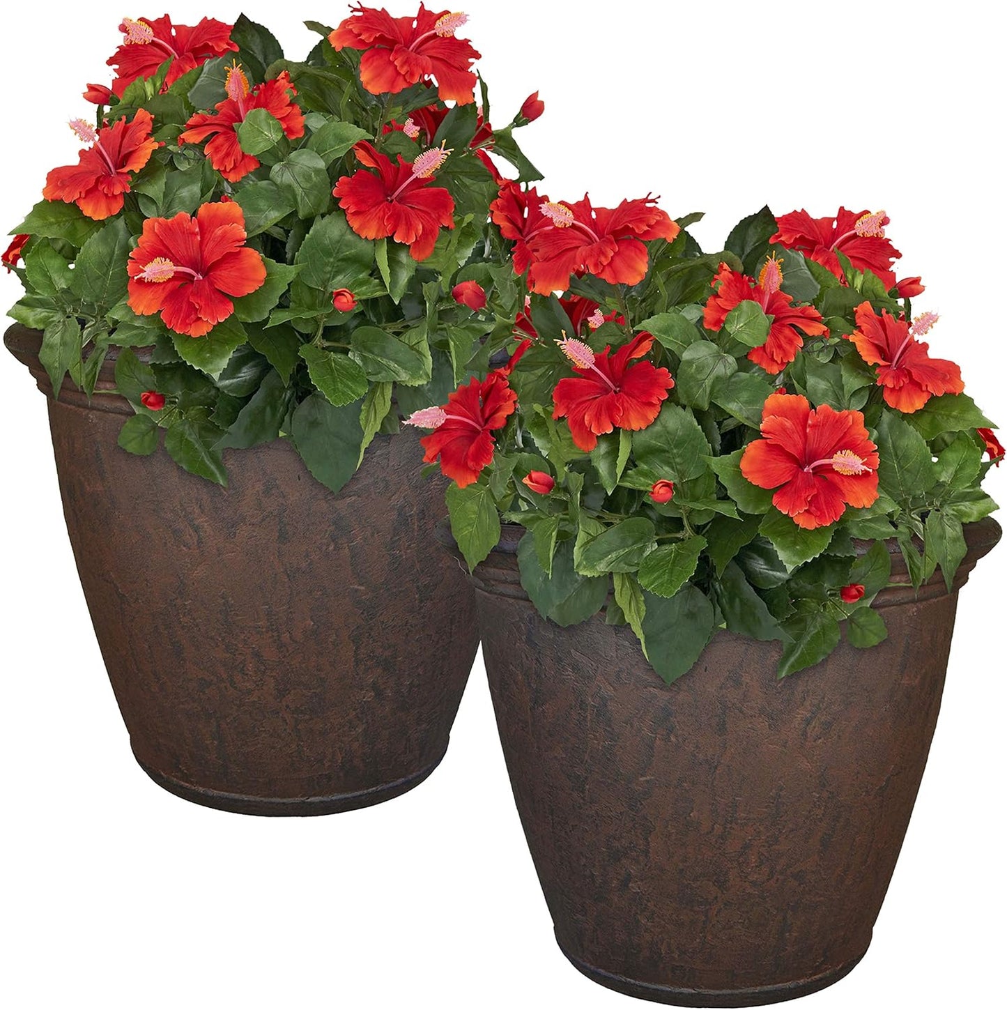 Sunnydaze 24-Inch Anjelica Large Plastic Pot for Plants - Outdoor Polyresin Round Planter with Drillable Drainage Holes - Rust - 2pk
