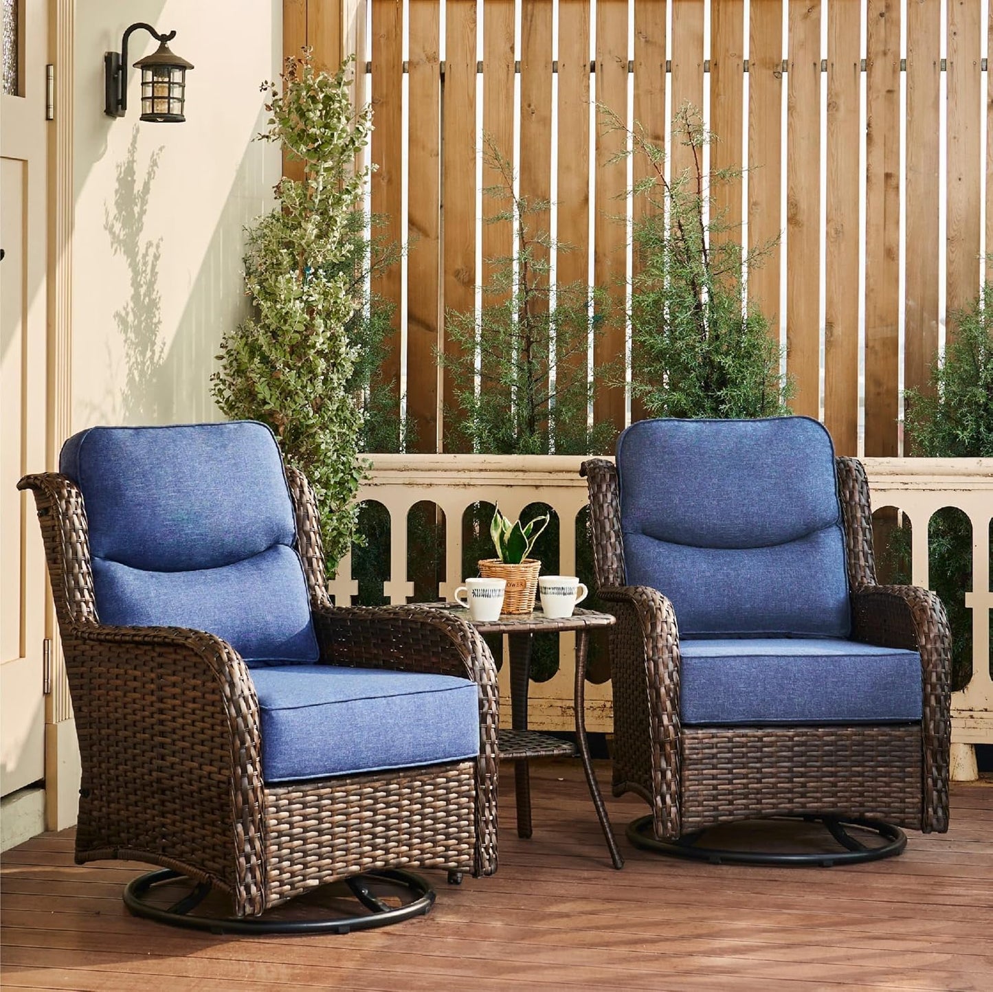 HILLGA Luxury Outdoor Swivel Rocker Patio Chairs of 2 with 6 Inch Thick Cushions and Side Table, Swivel Outdoor Chairs 3PCS High Back Wicker Patio Furniture Set for Porch, Balcony, Deck in Blue