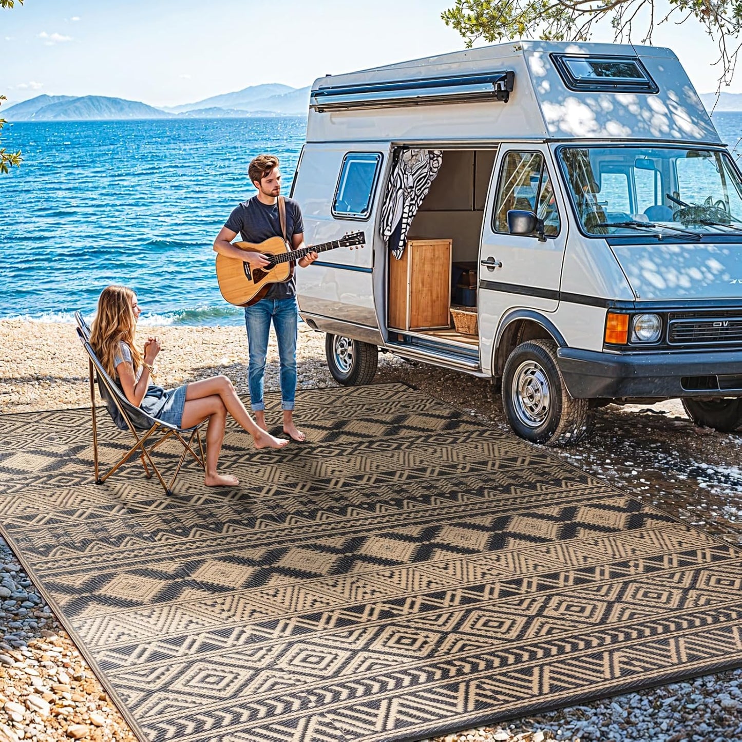 8'x10' Reversible Outdoor Rug - Eco-Friendly Plastic Straw Rug-Heavy-Duty Waterproof Mat, UV & Fade Resistant for Patio, Camping, RV, Deck, Balcony(8x10,Black&Brown)