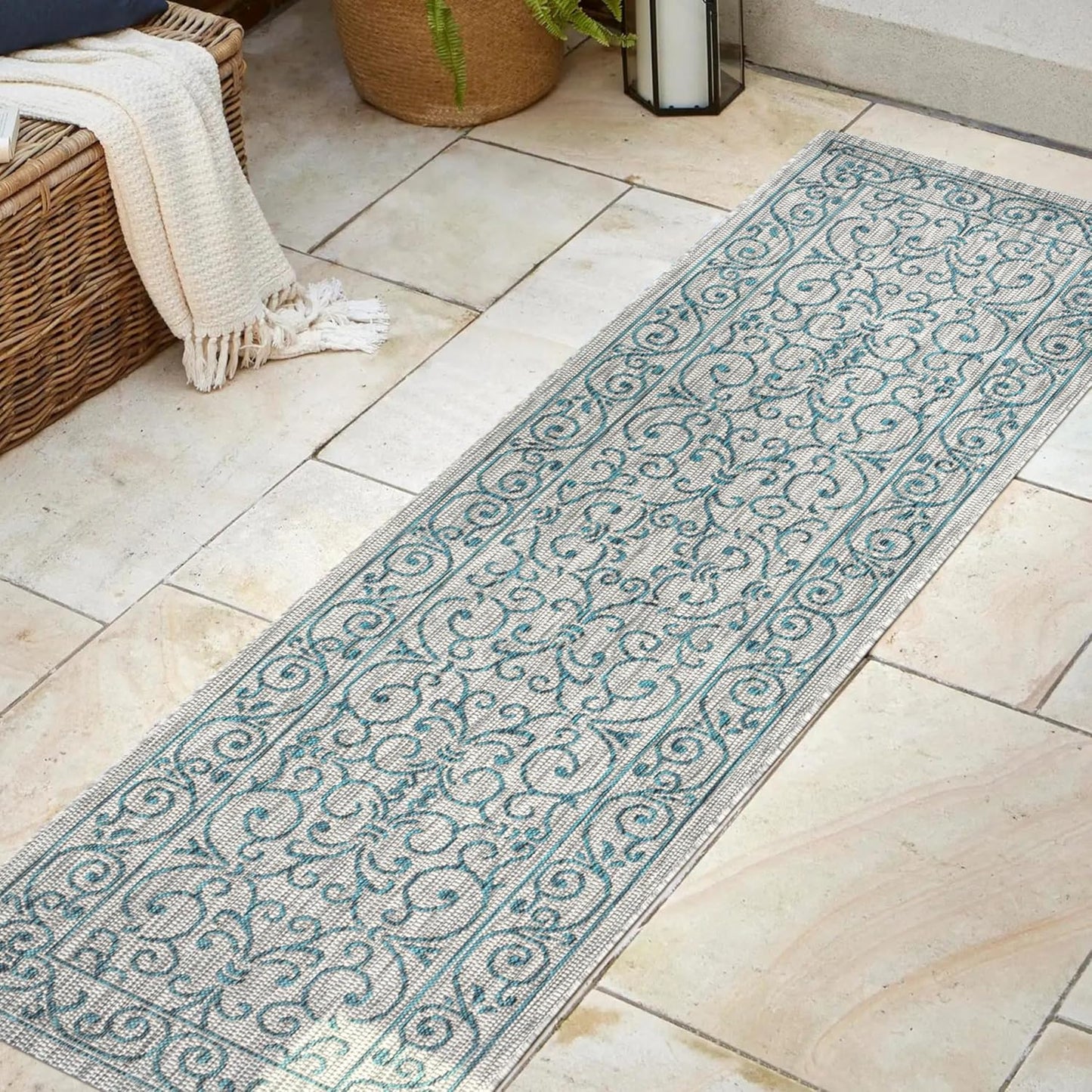 JONATHAN Y SMB106E-28 Charleston Vintage Filigree Textured Weave Indoor Outdoor Rug LivingRoom Backyard,2 X 8,Gray/Teal