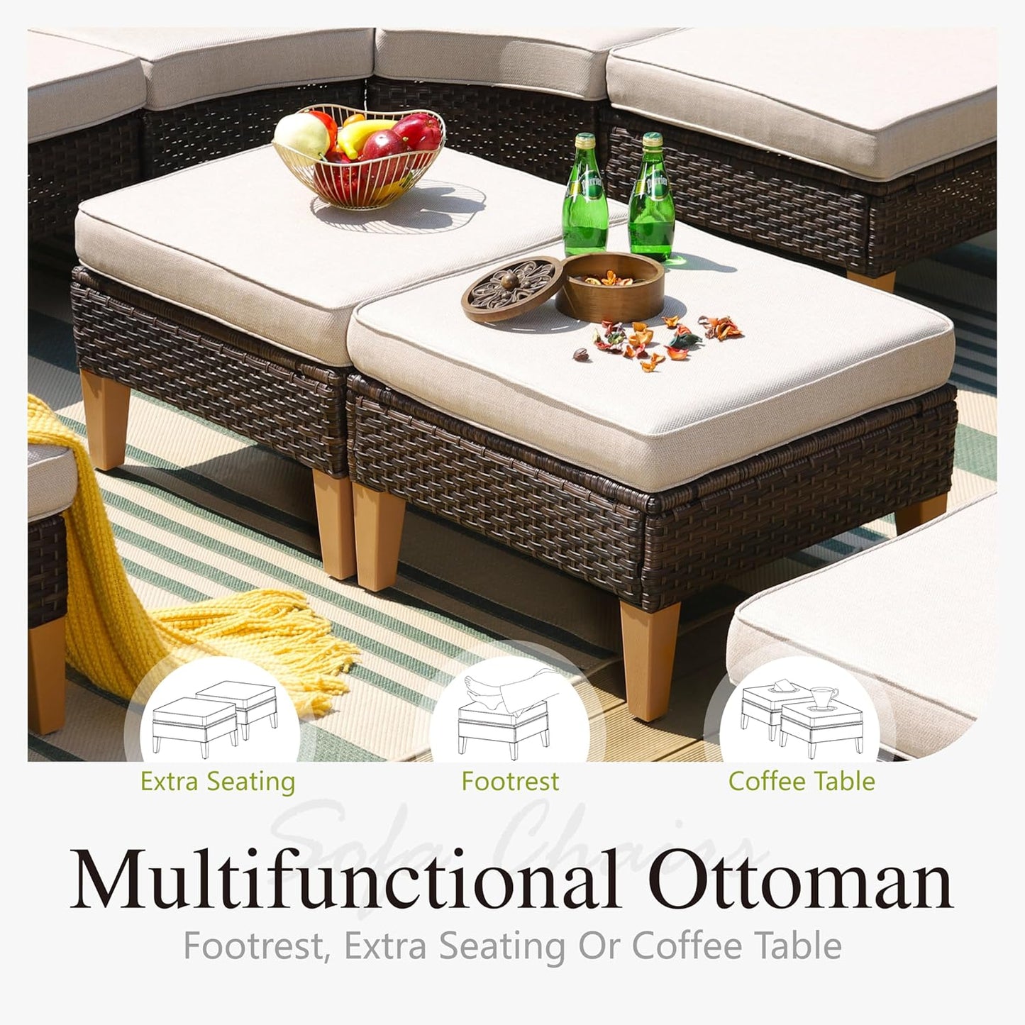 Sophia & William Half-Moon Outdoor Patio Furniture Set 8 Piece Large & High Back Wicker Rattan Patio Sectional Furniture Sofa Set Fan-Shaped Conversation Set with Ottomans & 4" Thick Cushions, Beige