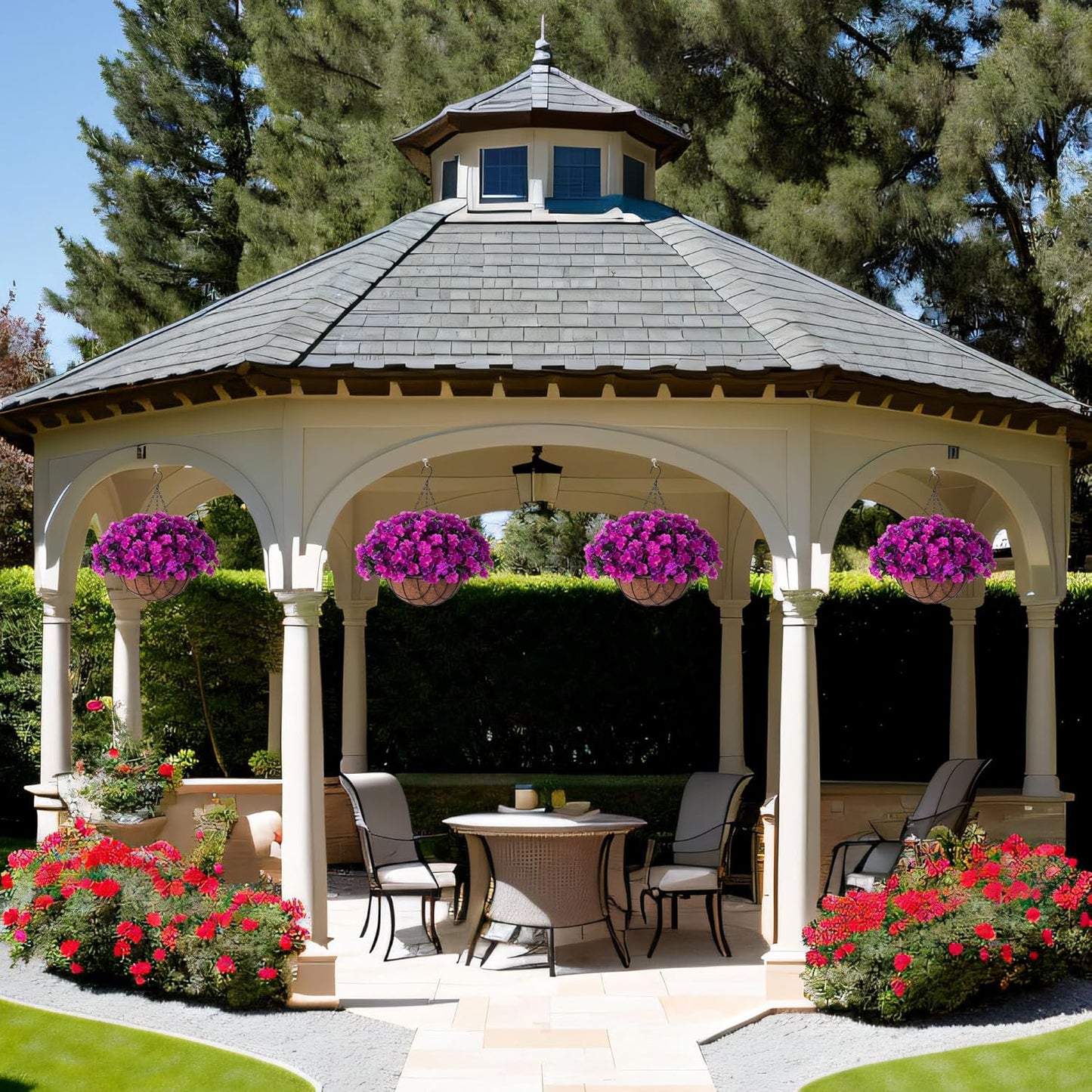 Artificial Hanging Flowers with 12" Basket Outdoor Spring Summer Decor, Fake Hydrangea UV Resistant Arrangements in Pot Planter Decor for Indoor Porch Garden Yard(Double Lotus)