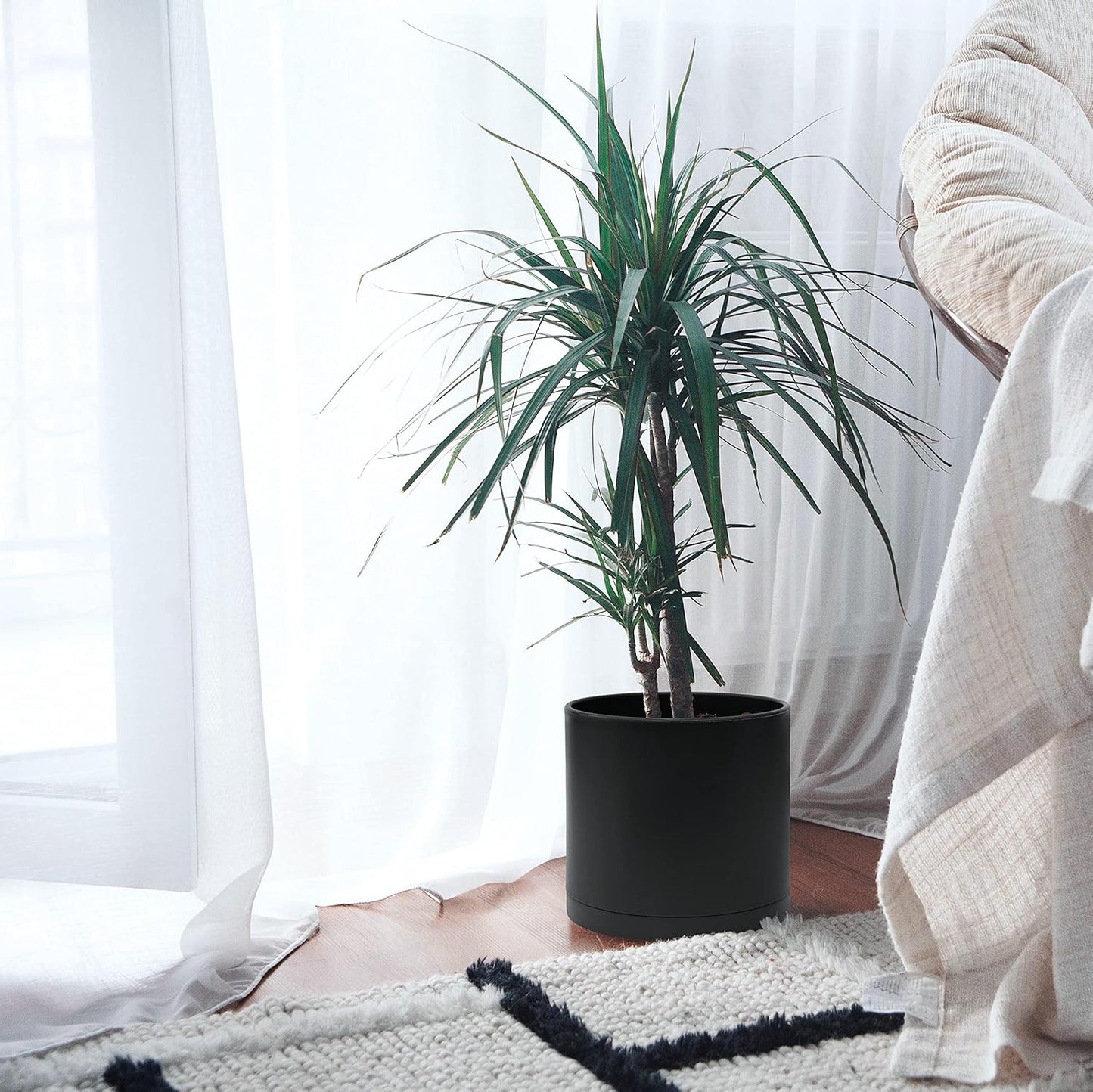 D'vine Dev 10 Inch Plastic Planter Pots for Plant Pot with Drainage Hole and Seamless Saucers, Black Color, 74-X-B-2