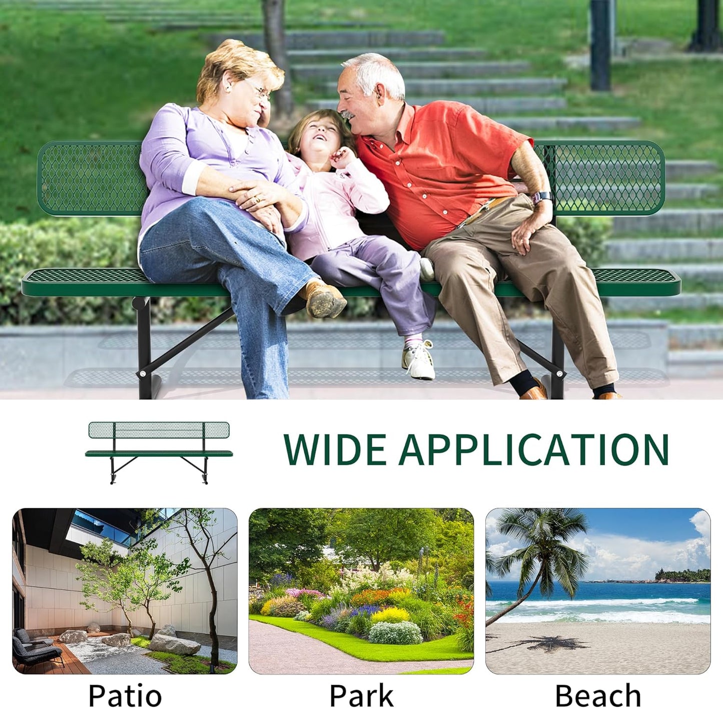 8 Feet Heavy Duty Metal Park Bench for Outside, Outdoor Bench with Backrest & Portable Frame, Commercial Benches for Shopping Malls, Stores, Parks, Patios, Decks, Green