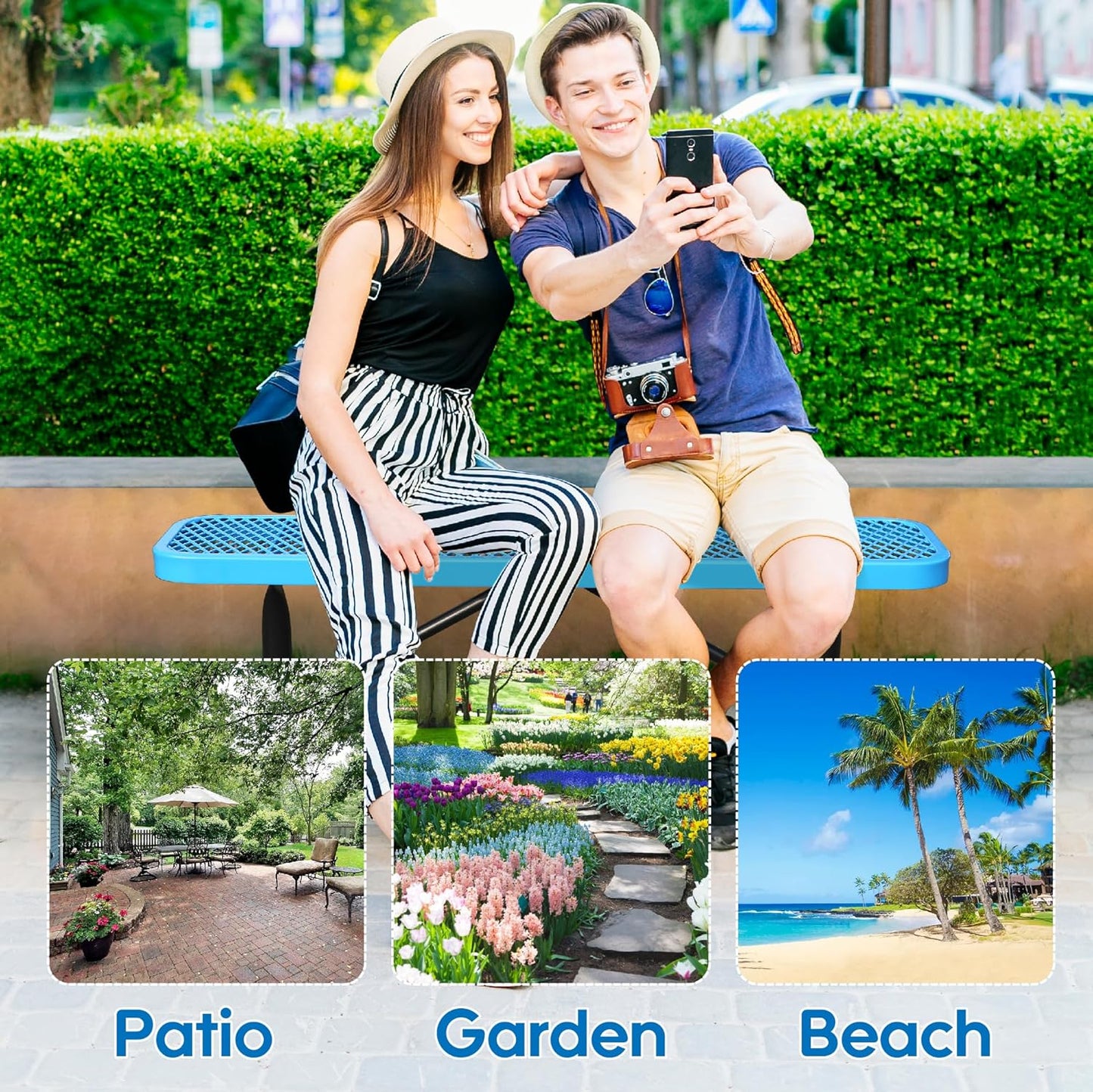 4 Feet Heavy Duty Metal Park Bench for Outside, Outdoor Bench with Portable Frame, Commercial Benches for Shopping Mall, Store, Park, Patio, Deck, Blue