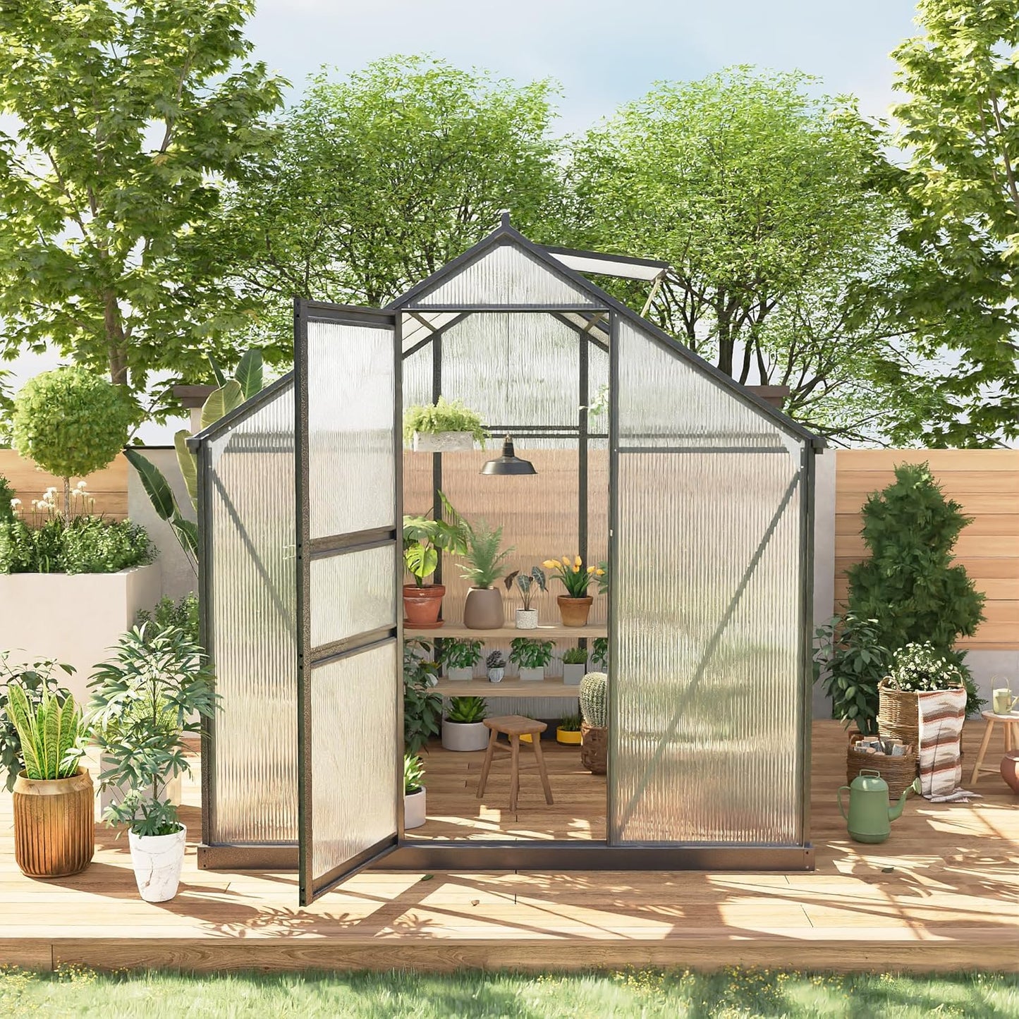 6*10 FT Outdoor Walk-in Greenhouse, Polycarbonate Green House, Heavy Duty Greenhouse with Vented Roof Window, Windproof Aluminum Frame, Suitable for Outside Gardening, Backyard, Patio