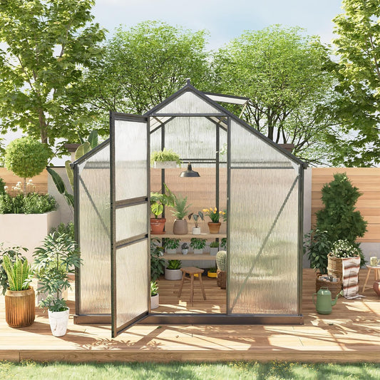 6*10 FT Outdoor Walk-in Greenhouse, Polycarbonate Green House, Heavy Duty Greenhouse with Vented Roof Window, Windproof Aluminum Frame, Suitable for Outside Gardening, Backyard, Patio