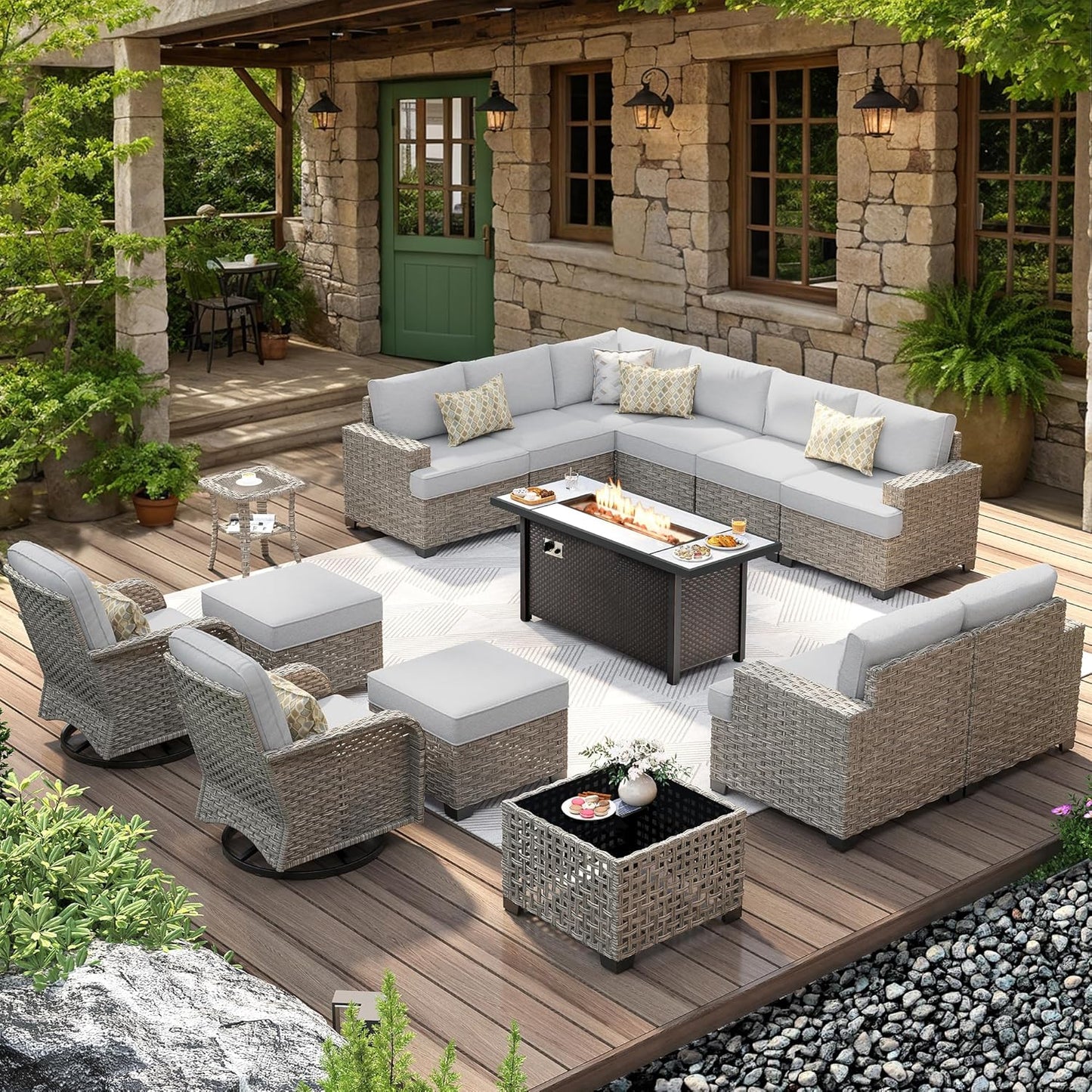 HOOOWOOO Outdoor Sectional Patio Furniture Set with Fire Pit Table,15 Pieces Wicker Conversation Sets L Shaped Couch,Extra Deep Out Door Sofa Outside Furniture with Swivel Chairs Ottomans,Light Gray