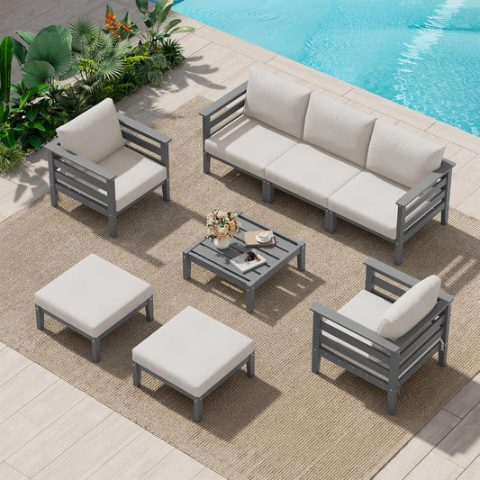 SERWALL HDPE Patio Furniture Set, 8 Pieces Composite Outdoor Furniture, All-Weather Wood-Like Outdoor Sofa Couch with Coffee Table for Deck, Lawn, Grey Frame with Khaki Cushion