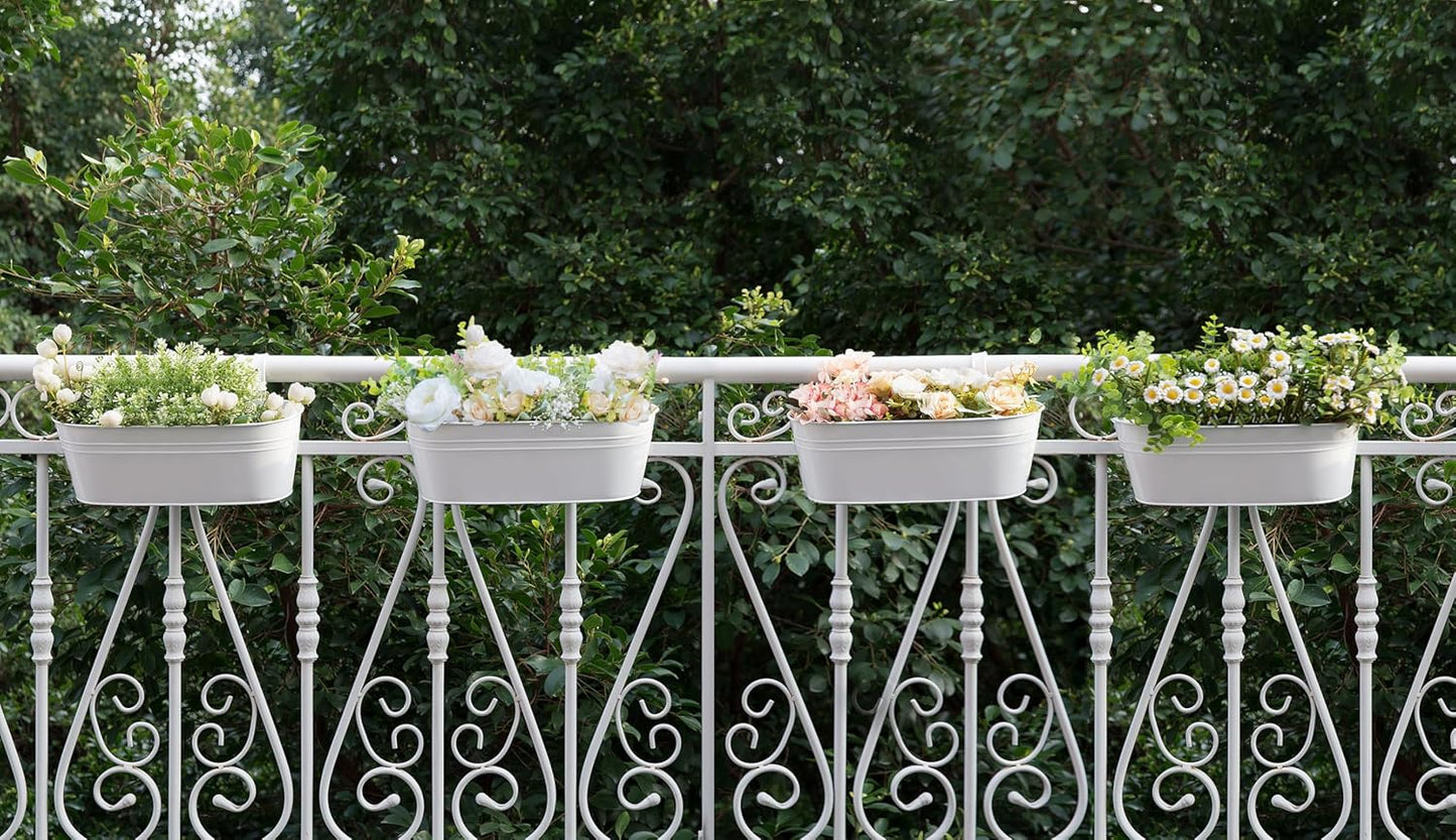 Dahey 4 Pcs Metal Iron Hanging Flower Pots for Railing Fence 15.7 Inch Hanging Bucket Pots Countryside Style Window Flower Plant Holder with Detachable Hooks for Garden Yard Home Decor, White