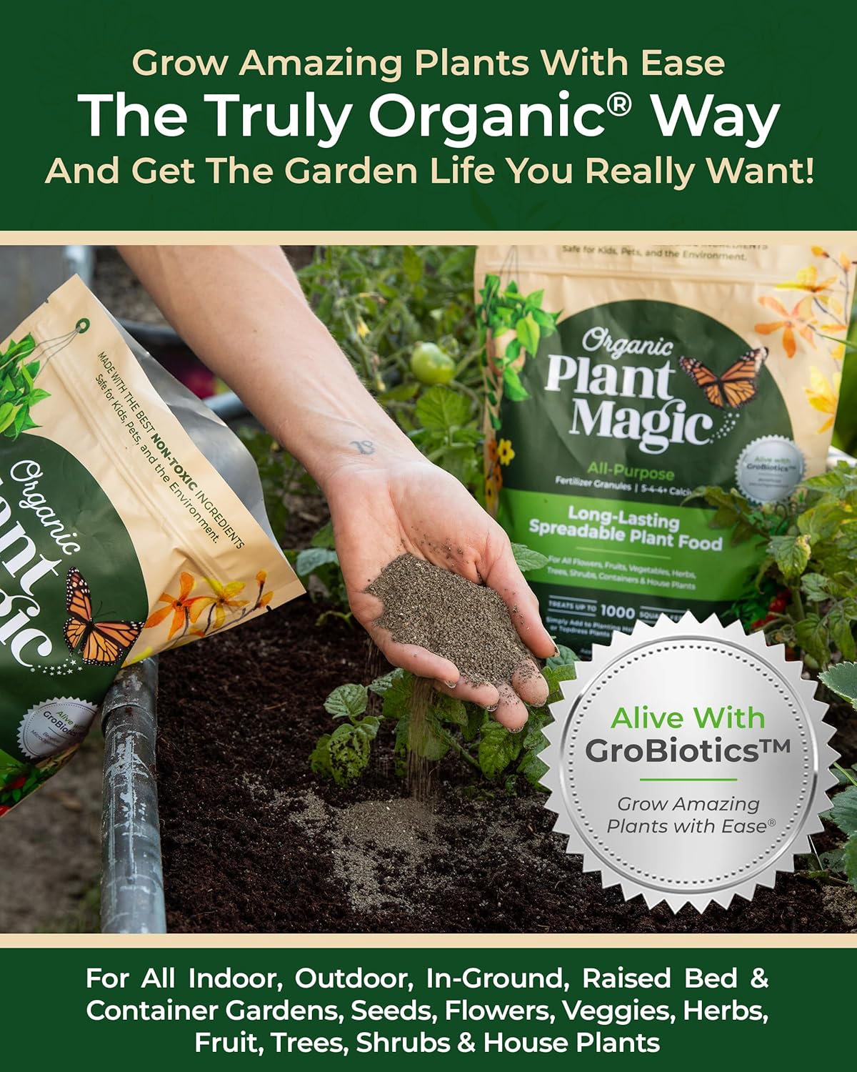 Organic Plant Magic - Truly Organic™ Slow Release Granular Fertilizer : Long-Lasting Plant Food Granules - Indoor & Outdoor Flowers, Vegetable Gardens, Fruit Trees, Shrubs, House Plants [One 4 lb Bag]