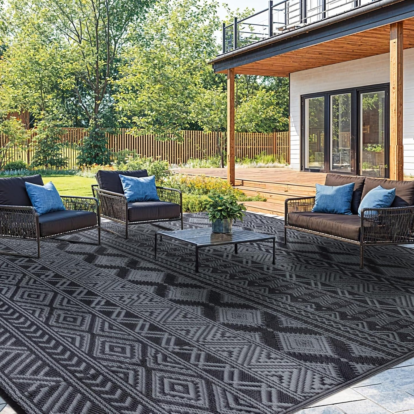 8'x10' Reversible Outdoor Rug - Eco-Friendly Plastic Straw Rug-Heavy-Duty Waterproof Mat, UV & Fade Resistant for Patio, Camping, RV, Deck, Balcony(8x10,Black&Gray)