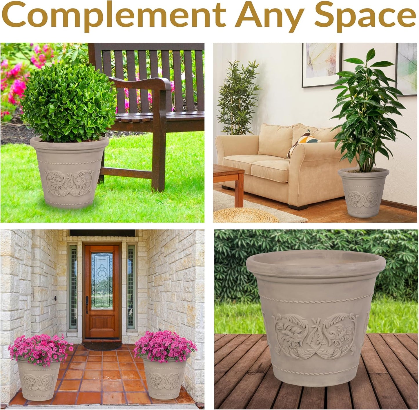 Sunnydaze 19.5-Inch Arabella Large Plant Pot - Polyresin Round Outdoor Planter with Drillable Drainage Holes - 2 Pack - Beige