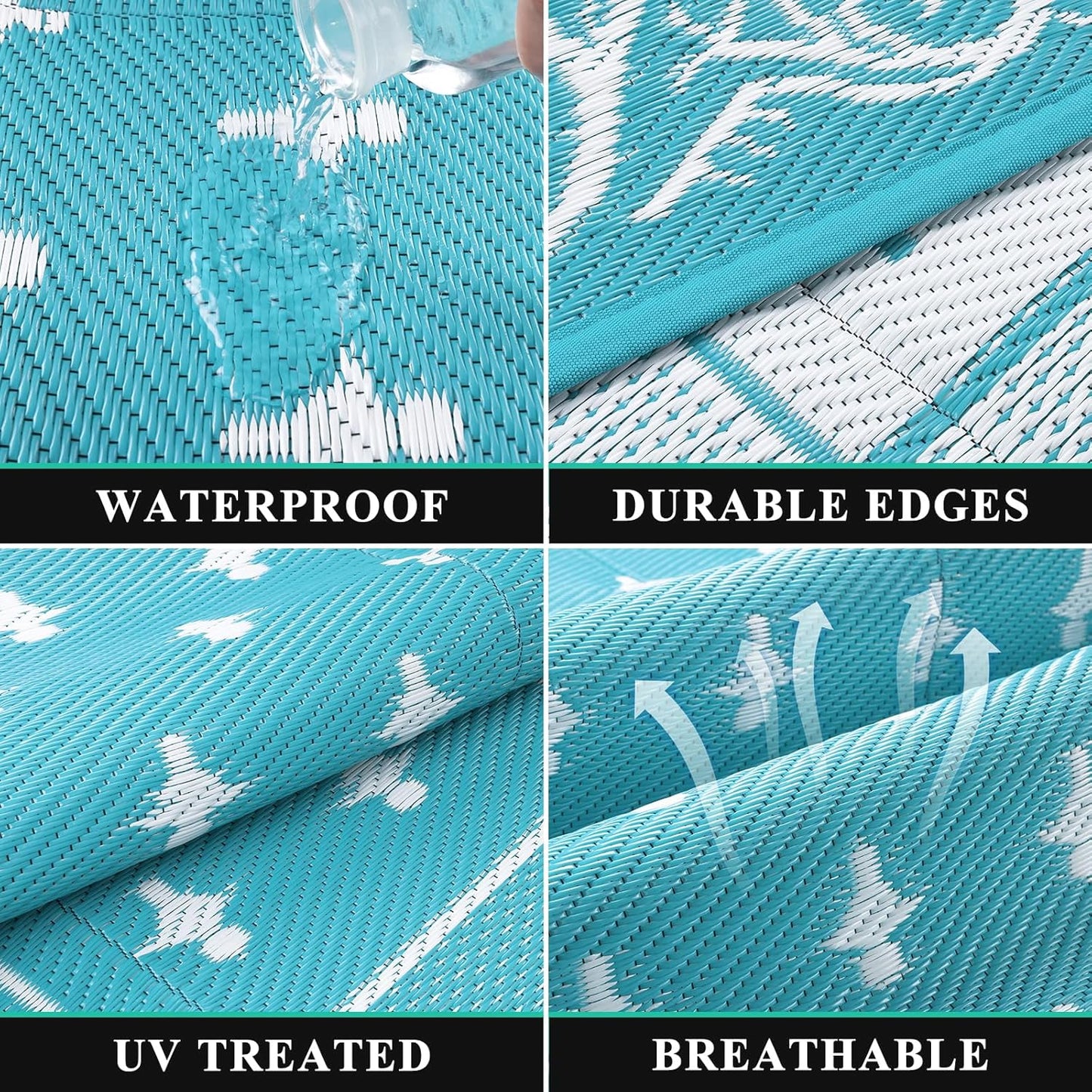 Pauwer Waterproof Outdoor Rug 6x9, Reversible Plastic Straw Patio Camping Rug, Indoor Outdoor RV Mat Carpet for Deck, Camper, Porch, Balcony, Backyard, Picnic, Bordered Teal