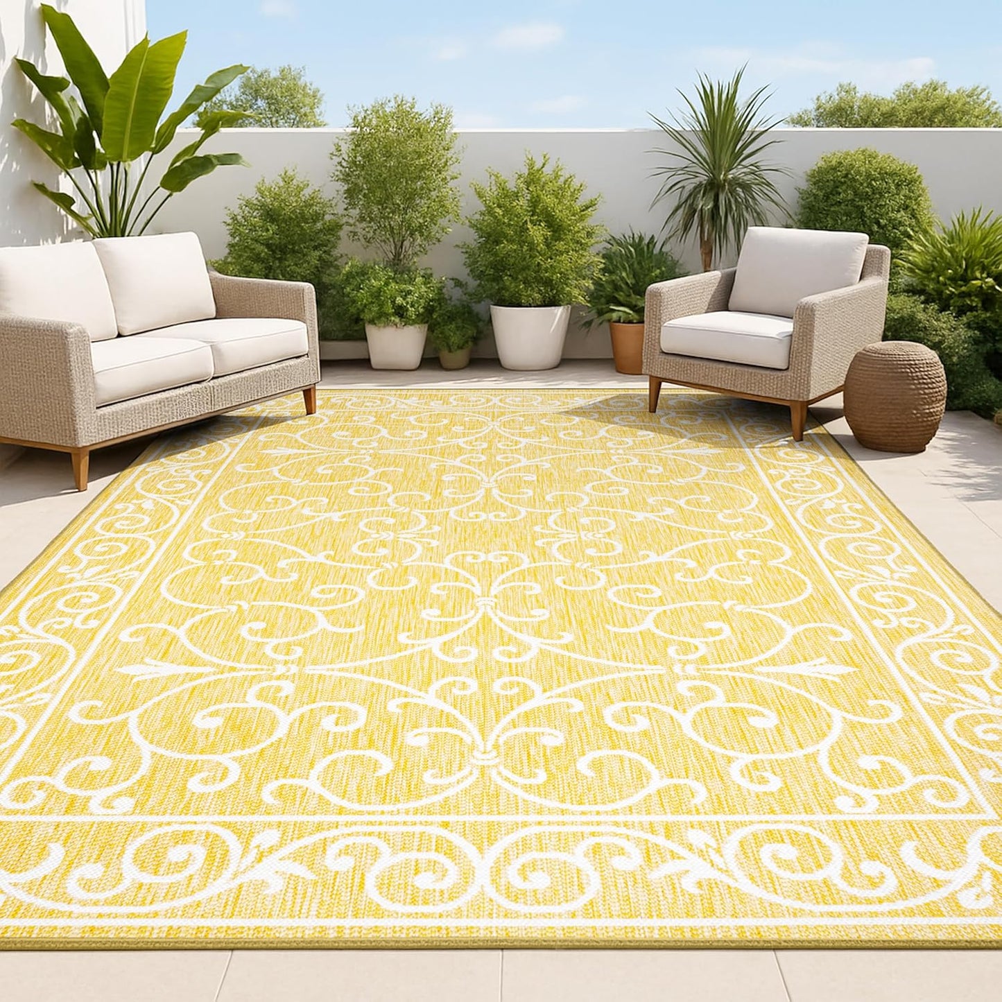 JONATHAN Y SMB106L-9 Charleston Vintage Filigree Textured Weave Indoor Outdoor Area Rug, Classic Traditional Easy-Cleaning,Bedroom,Kitchen,Backyard,Patio,Non Shedding, 9 X 12, Yellow/Cream