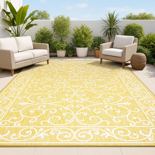 JONATHAN Y SMB106L-5 Charleston Vintage Filigree Textured Weave Indoor Outdoor Area Rug, Classic Traditional Easy-Cleaning,Bedroom,Kitchen,Backyard,Patio,Non Shedding, 5 X 8, Yellow/Cream