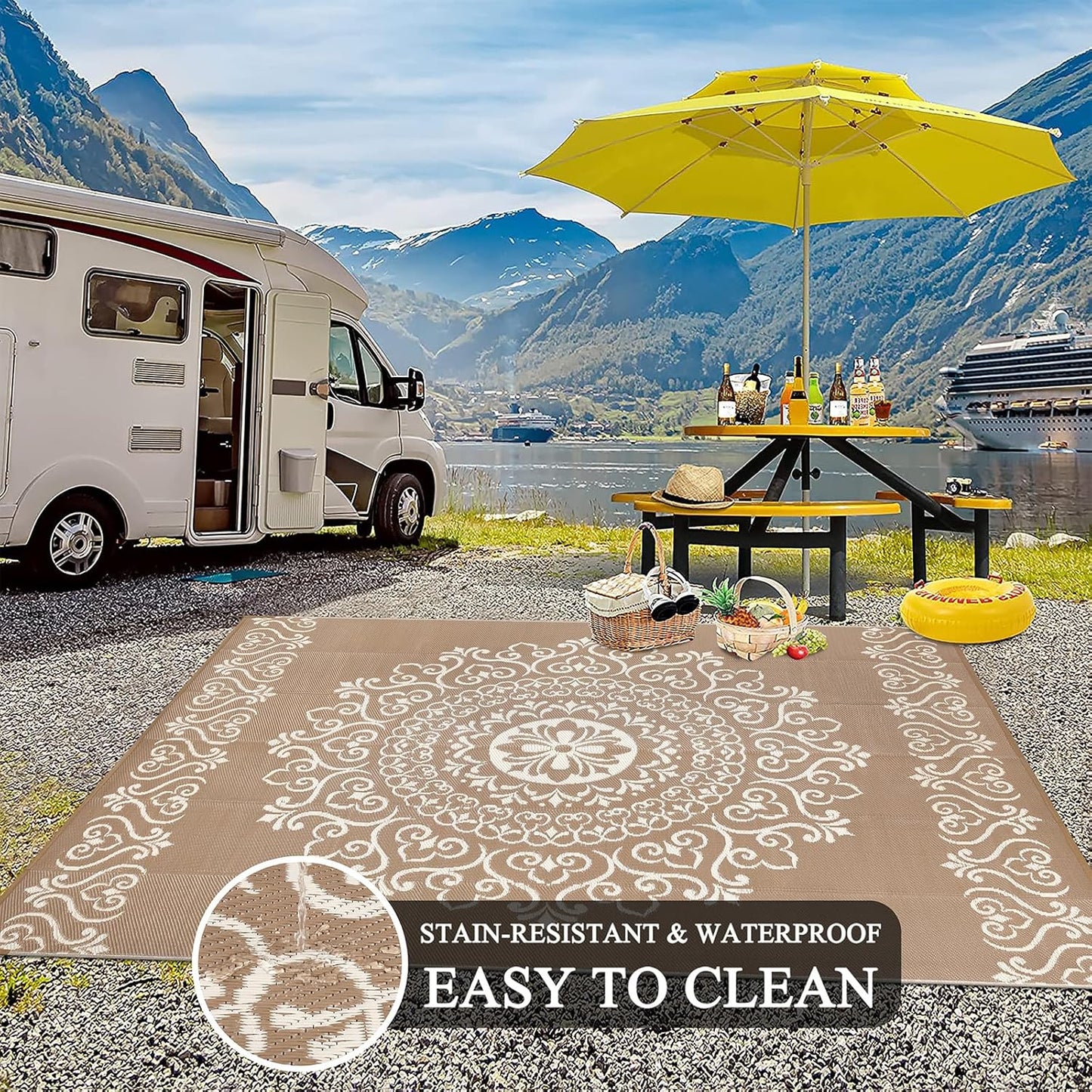 Pauwer Waterproof Outdoor Rug 6x9, Reversible Plastic Straw Patio Camping Rug, Indoor Outdoor RV Mat Carpet for Deck, Camper, Porch, Balcony, Backyard, Picnic, Floral Brown