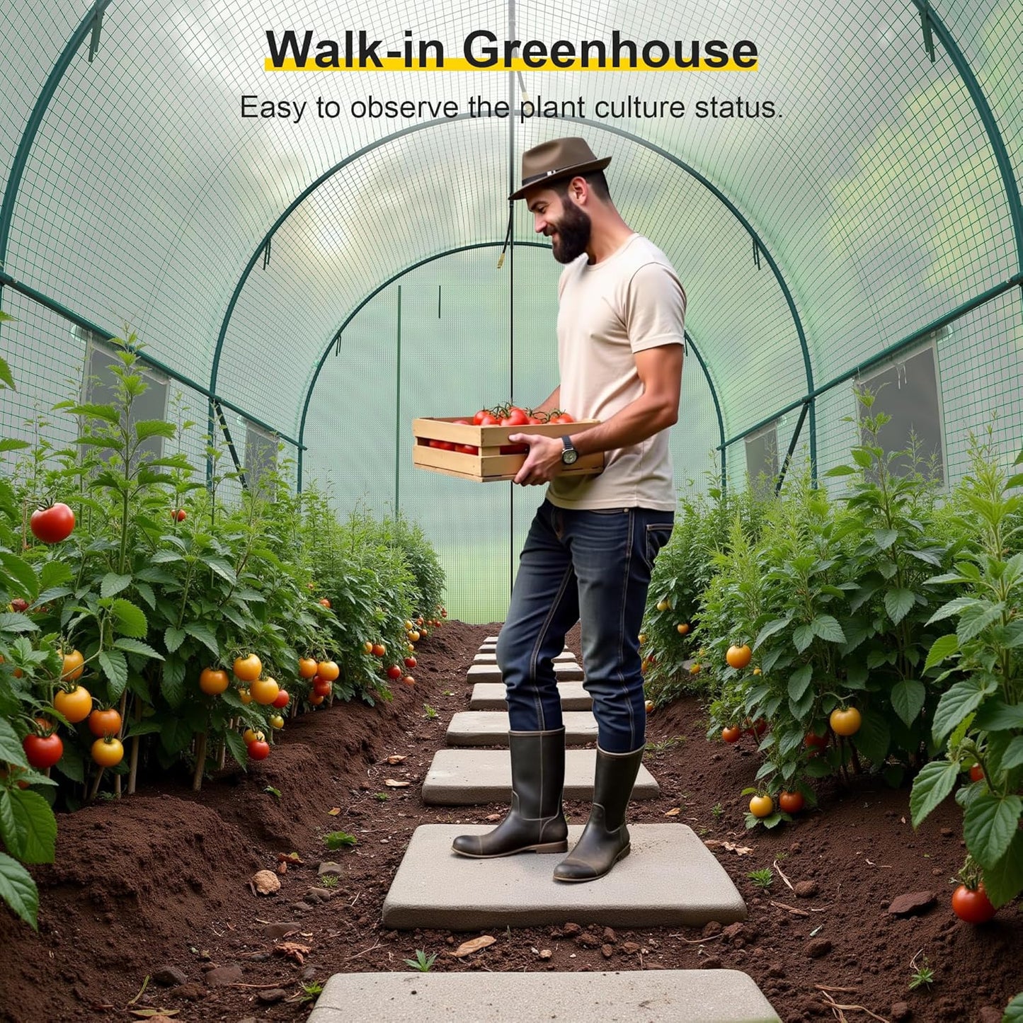 Greenhouse, 15’x7’x7’ Walk-in Greenhouse Heavy Duty Tunnel Green House with 6 Ventilated Mesh Windows & Zippered Roll-up Door, Large Plant Garden Hot House Outdoor with Reinforced Frame
