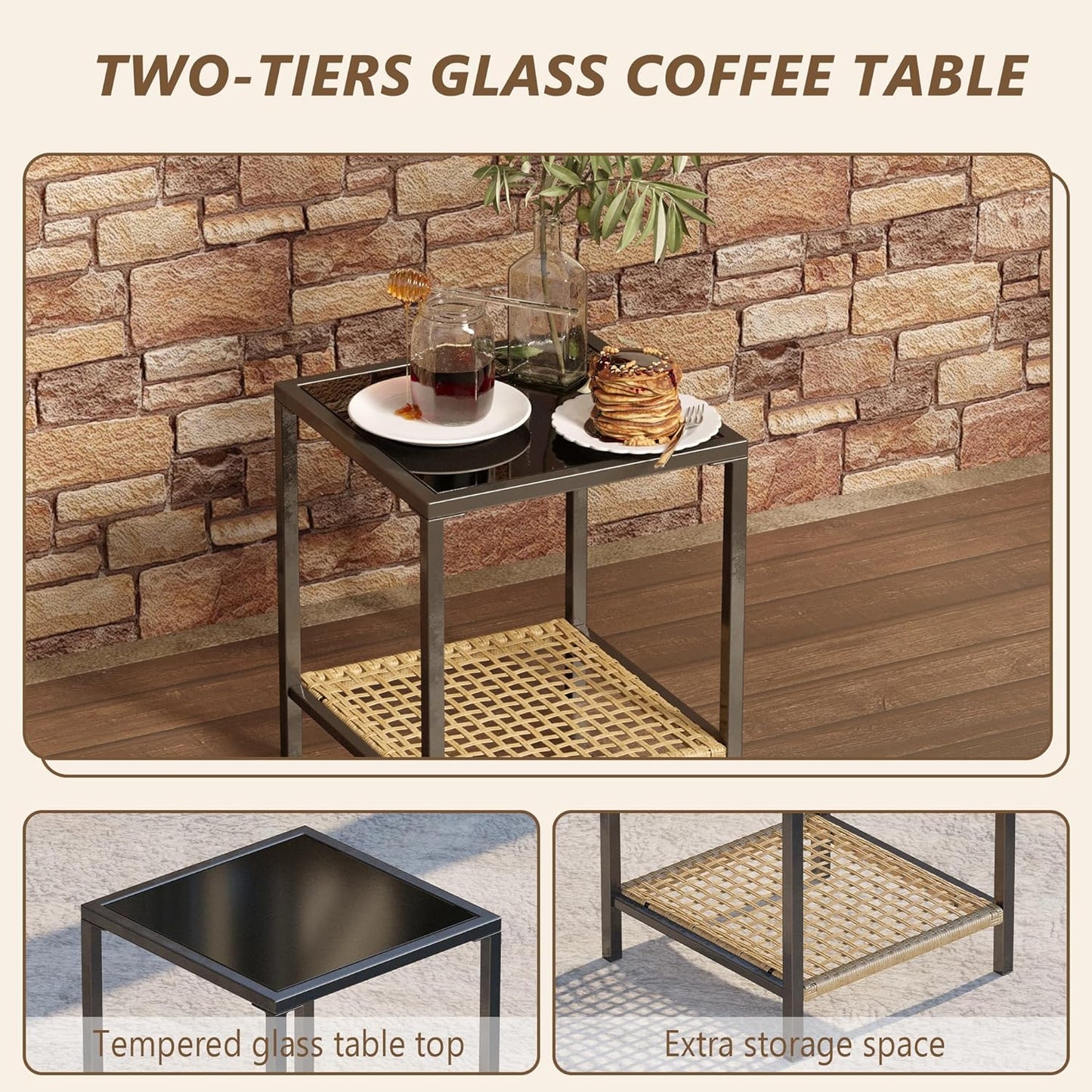 3 Piece Patio Rocking Chairs Set of 2, Outdoor Rocking Chair Bistro Set with Tempered Glass Coffee Table and Thick Lumbar Pillow Set, Front Porch Chairs for Garden, Backyard, Poolside (Beige)