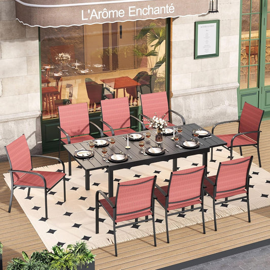 HERA'S HOUSE 9 Pieces Patio Dining Set, Outdoor Table Chairs Set for 8, 8 x Dining Red Chair and 1x Extendable Metal Dining Table for Patio, Lawn, Garden, Porch