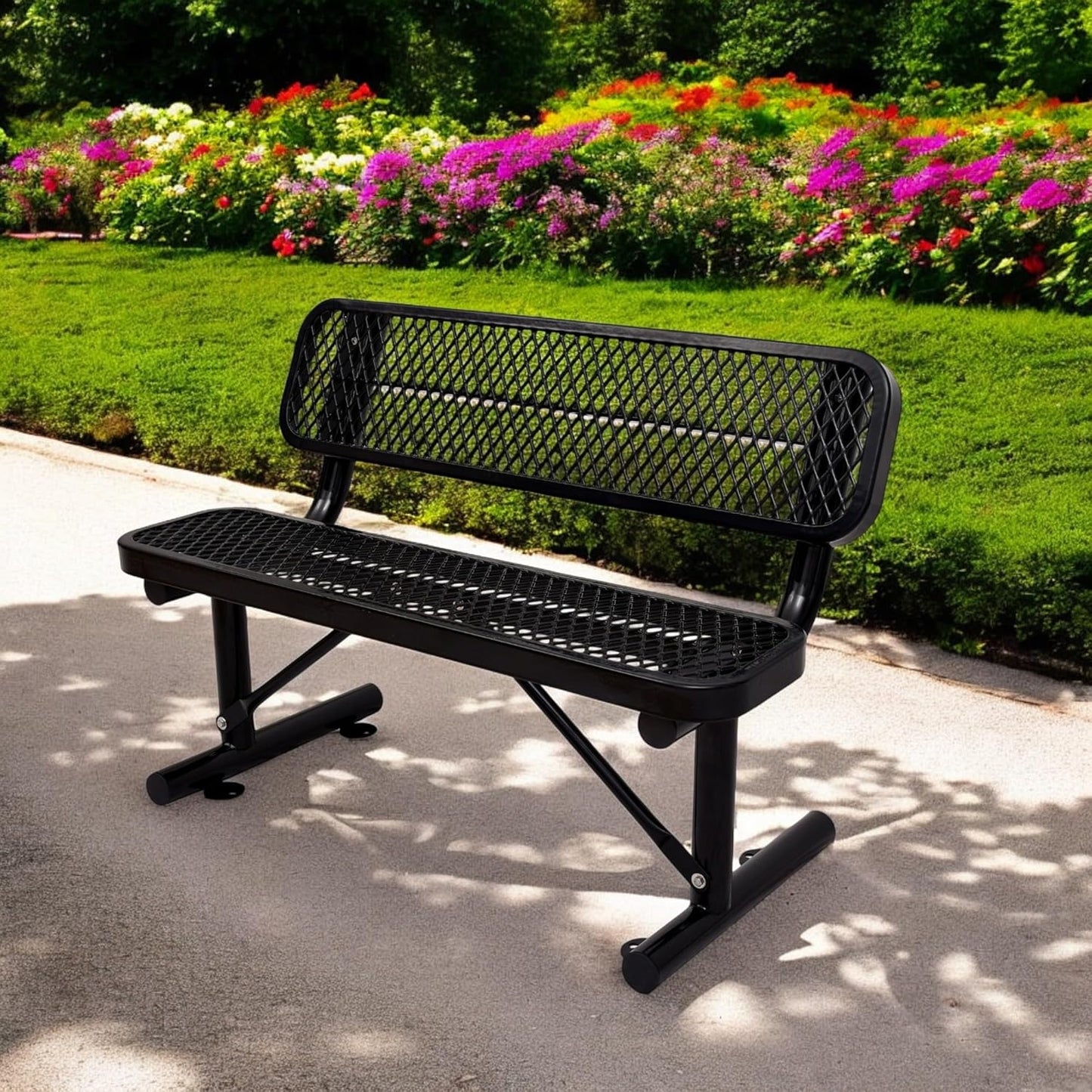 4 FT Heavy Duty Metal Park Bench with Back for Outside, Outdoor Black Bench with Backrest & Portable Frame, 1-3 Person Seat-Commercial Benches Garden Benches for Outdoors