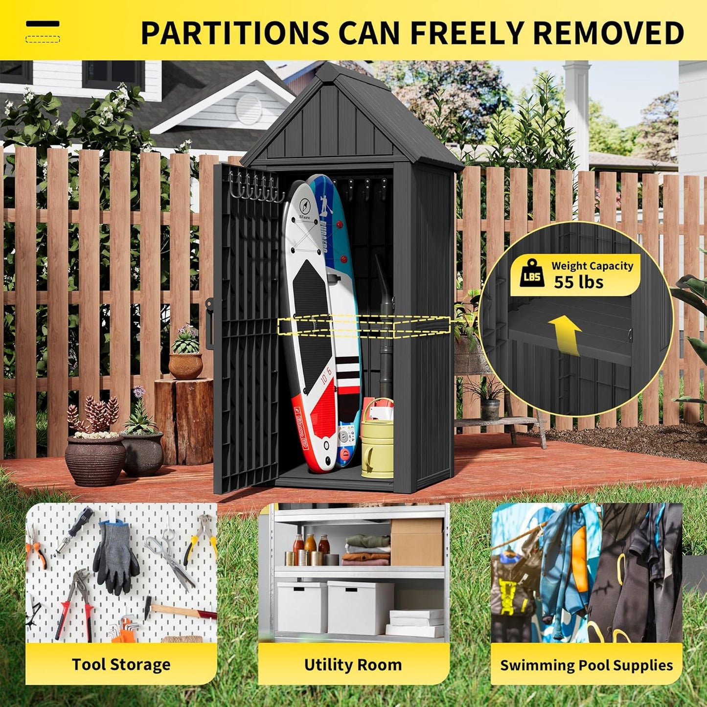 Outdoor Resin Storage Shed, Upgrade Durable Storage Cabinet with Removable Shelves and Lock Ring, Reinforced Floor, All-Weather Construction for Garden Patio Lawn (Black)