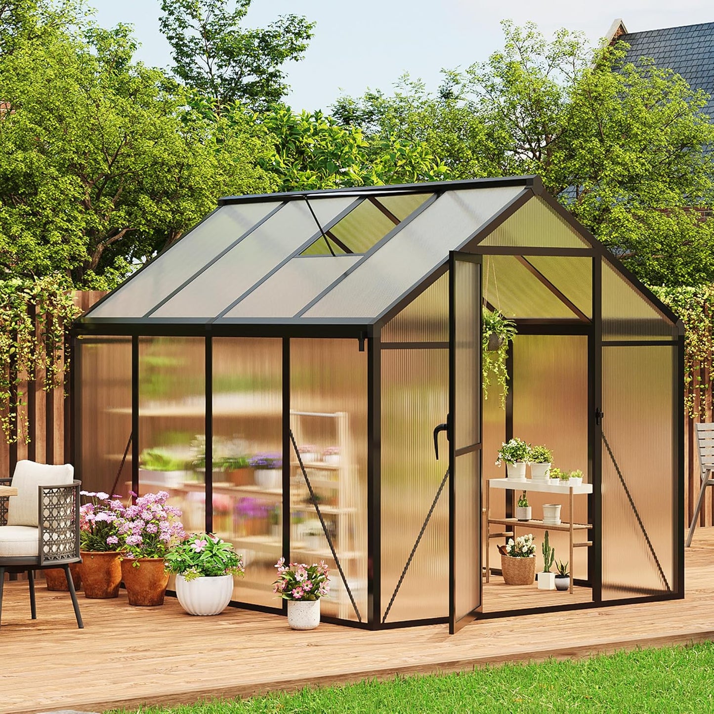 6 x 8 FT Greenhouse, Greenhouses for Outside, Polycarbonate Greenhouse with Aluminum Frame, Lockable Door and Ajustable Roof Vent for Backyard, Green Houses for Outside Garden Backyard, Patio