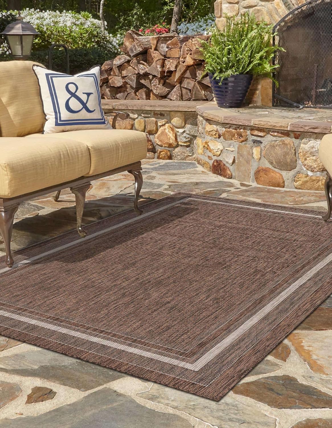 Unique Loom Outdoor Border Collection Area Rug - Soft Border (5' 3" x 7' 1" Rectangle Brown/Ivory)
