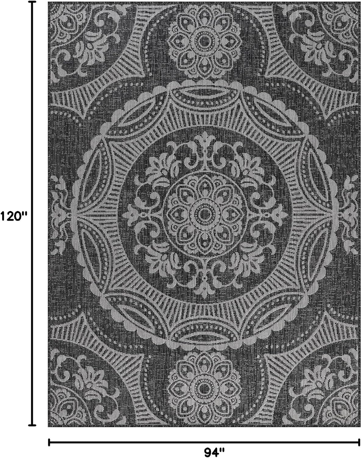 Medallion Outdoor Rug 8x10 Washable Outside Carpet for Indoor Patio Porch Waterproof Easy Cleaning Non Shedding Area Rugs Dark Gray 8 x 10